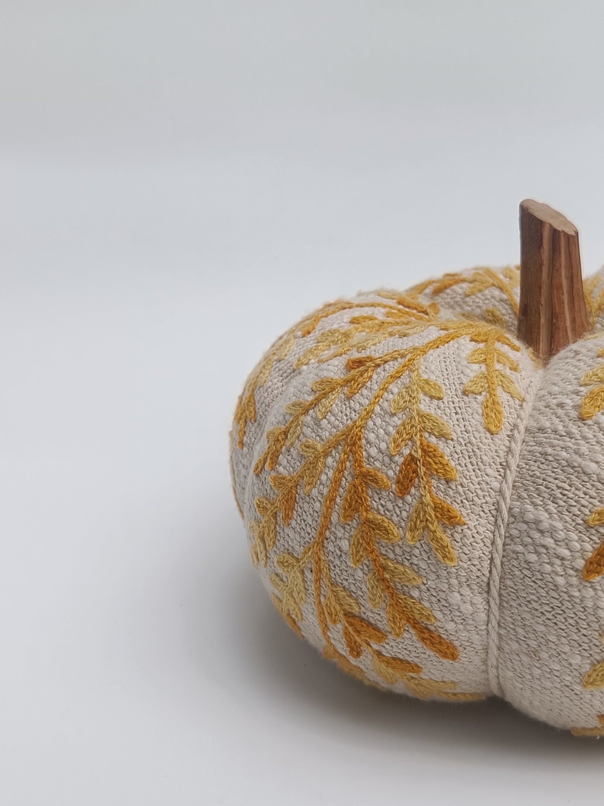 Embroidered Beige Pumpkin Cushion with Autumn Leaf Design & Wooden Stem