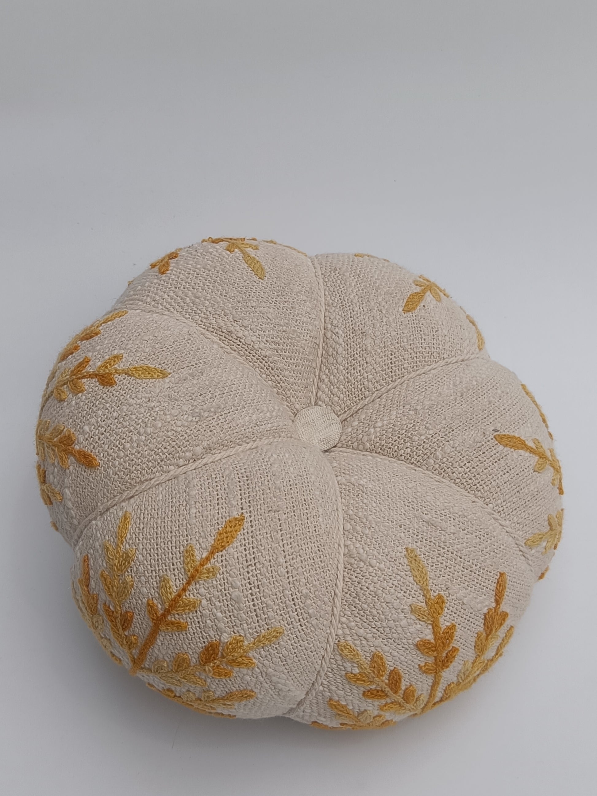 Embroidered Beige Pumpkin Cushion with Autumn Leaf Design & Wooden Stem
