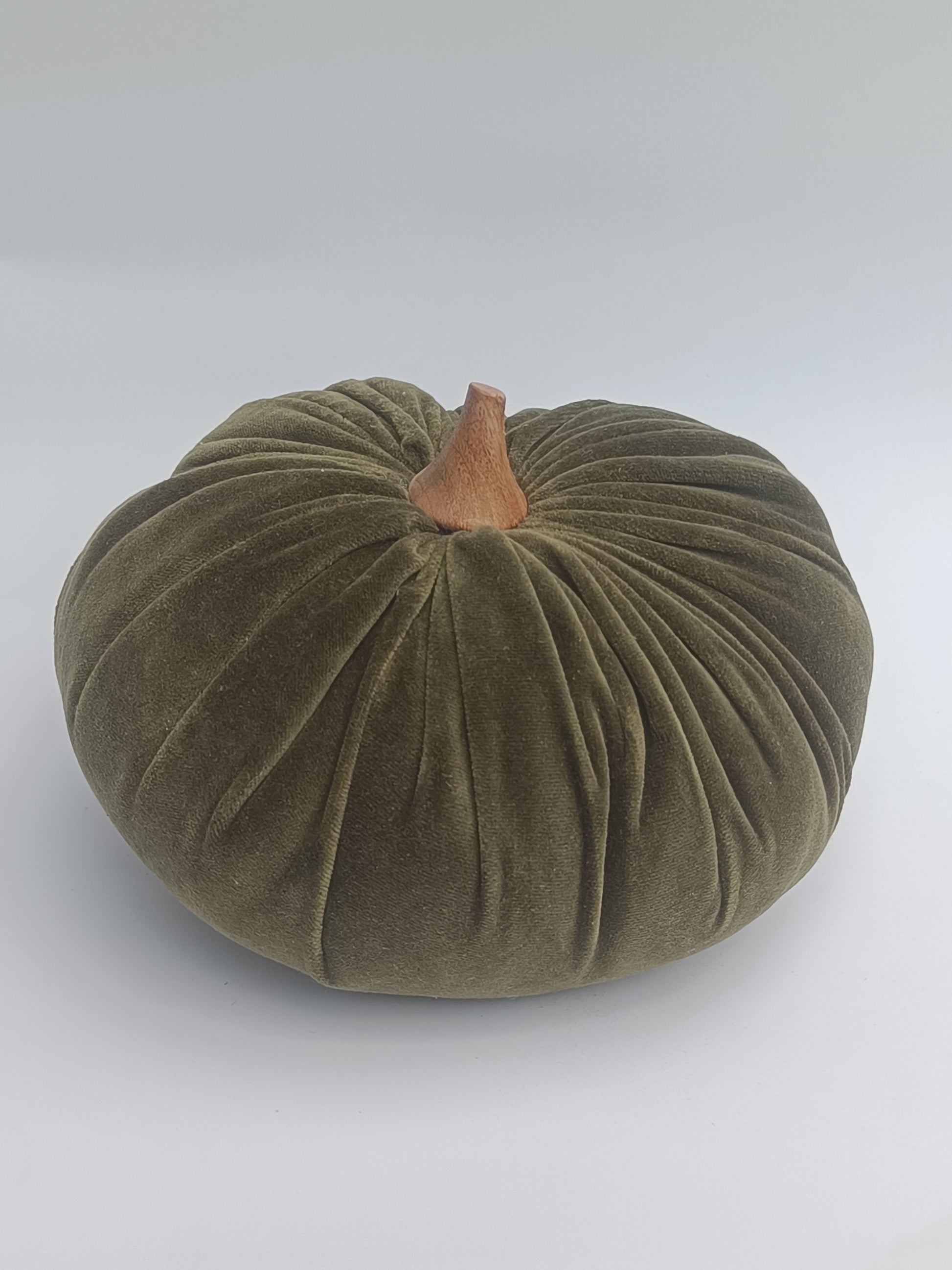 Plush Olive Green Pumpkin Decor Pillow with Wooden Stem