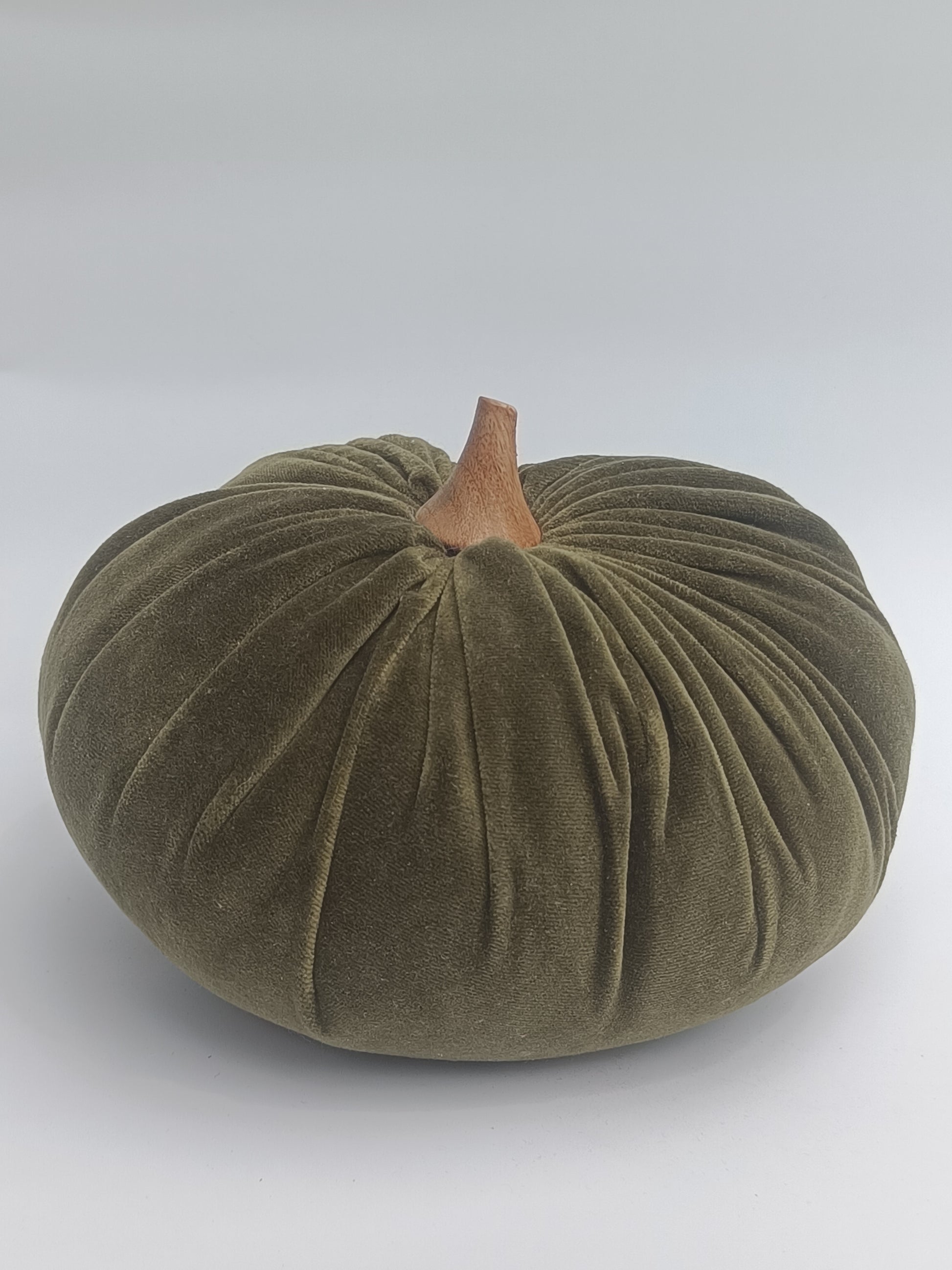 Plush Olive Green Pumpkin Decor Pillow with Wooden Stem