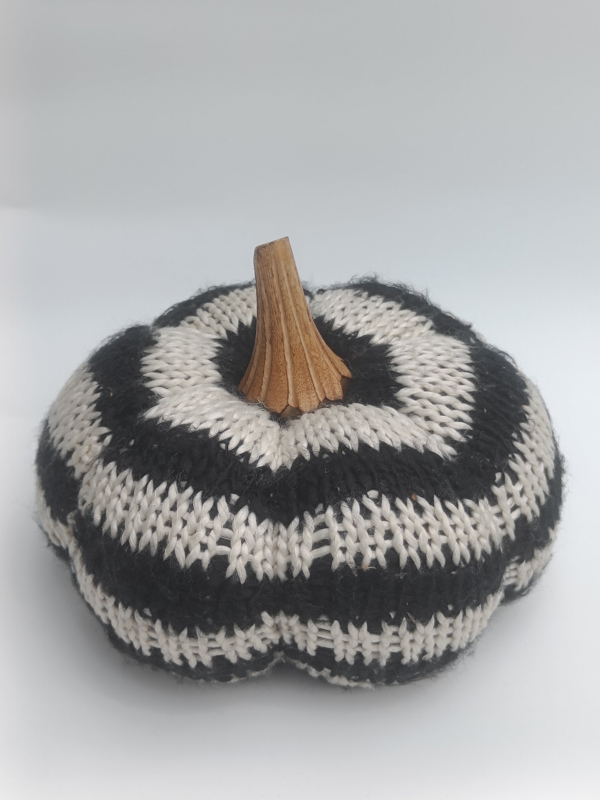 Striped Knit Pumpkin Décor – Black & White with Wooden Stem