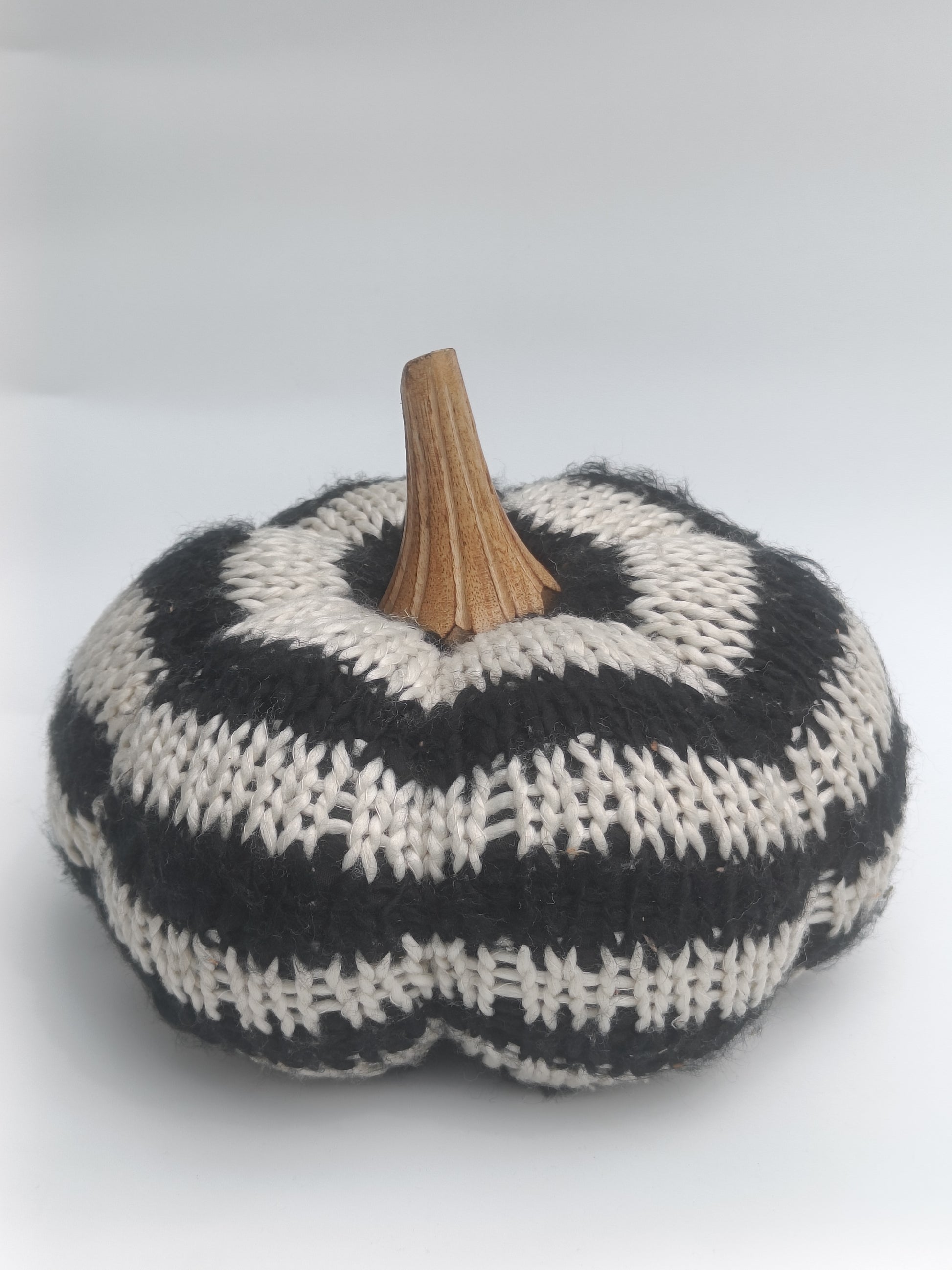 Striped Knit Pumpkin Décor – Black & White with Wooden Stem