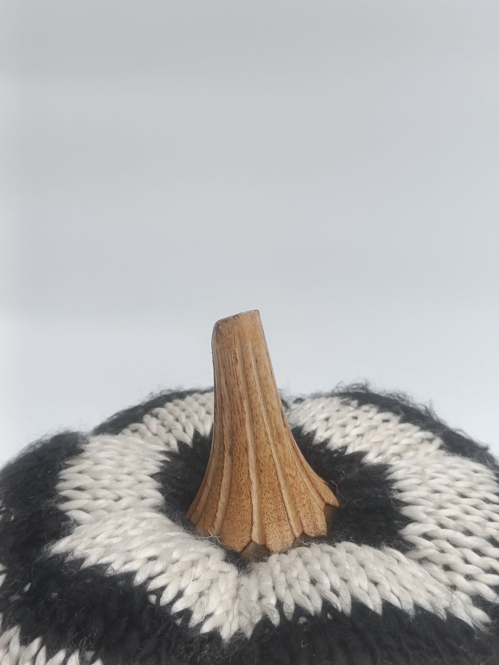 Striped Knit Pumpkin Décor – Black & White with Wooden Stem