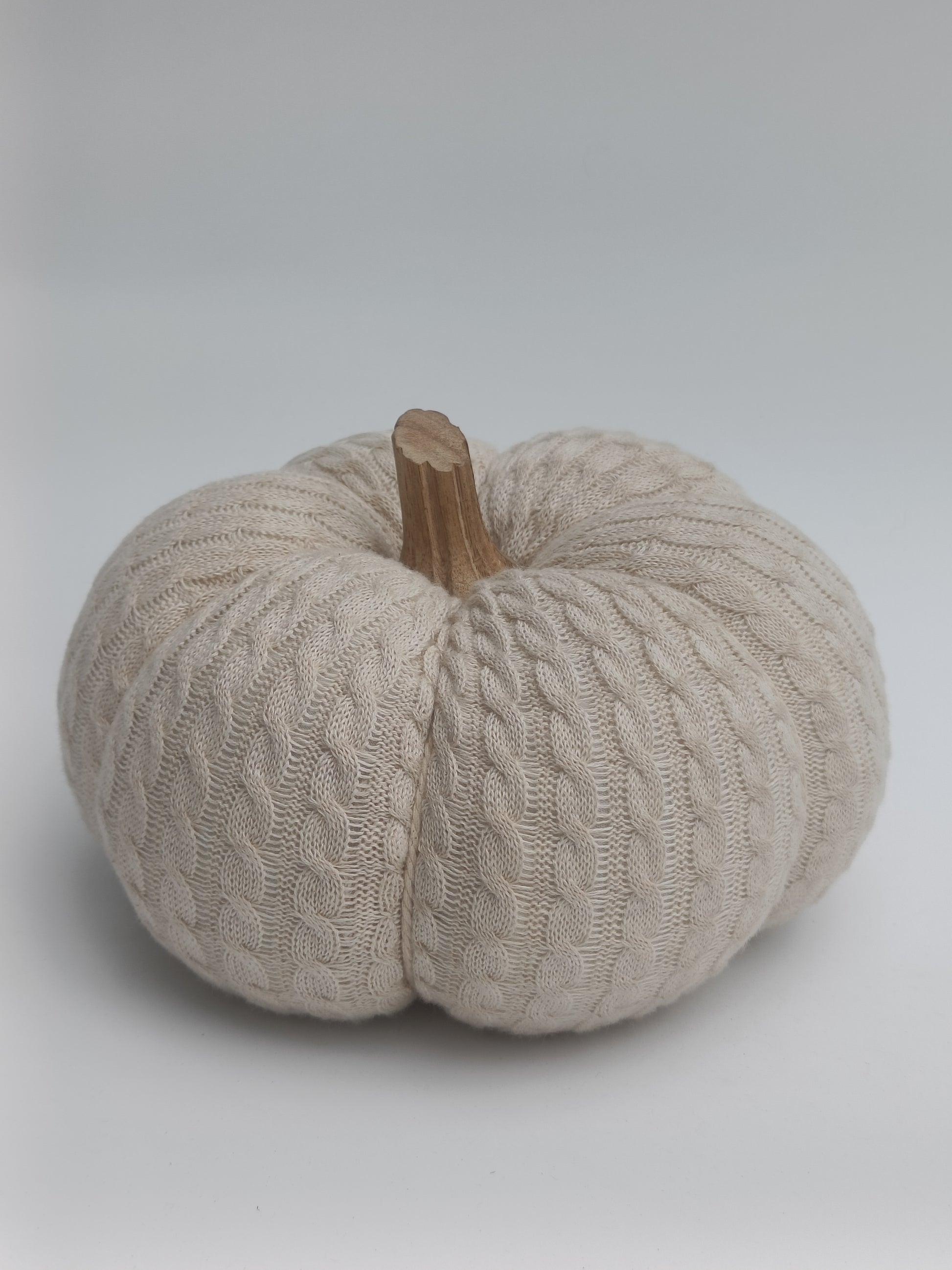 Ivory Cable Knit Pumpkin Décor with Wooden Stem