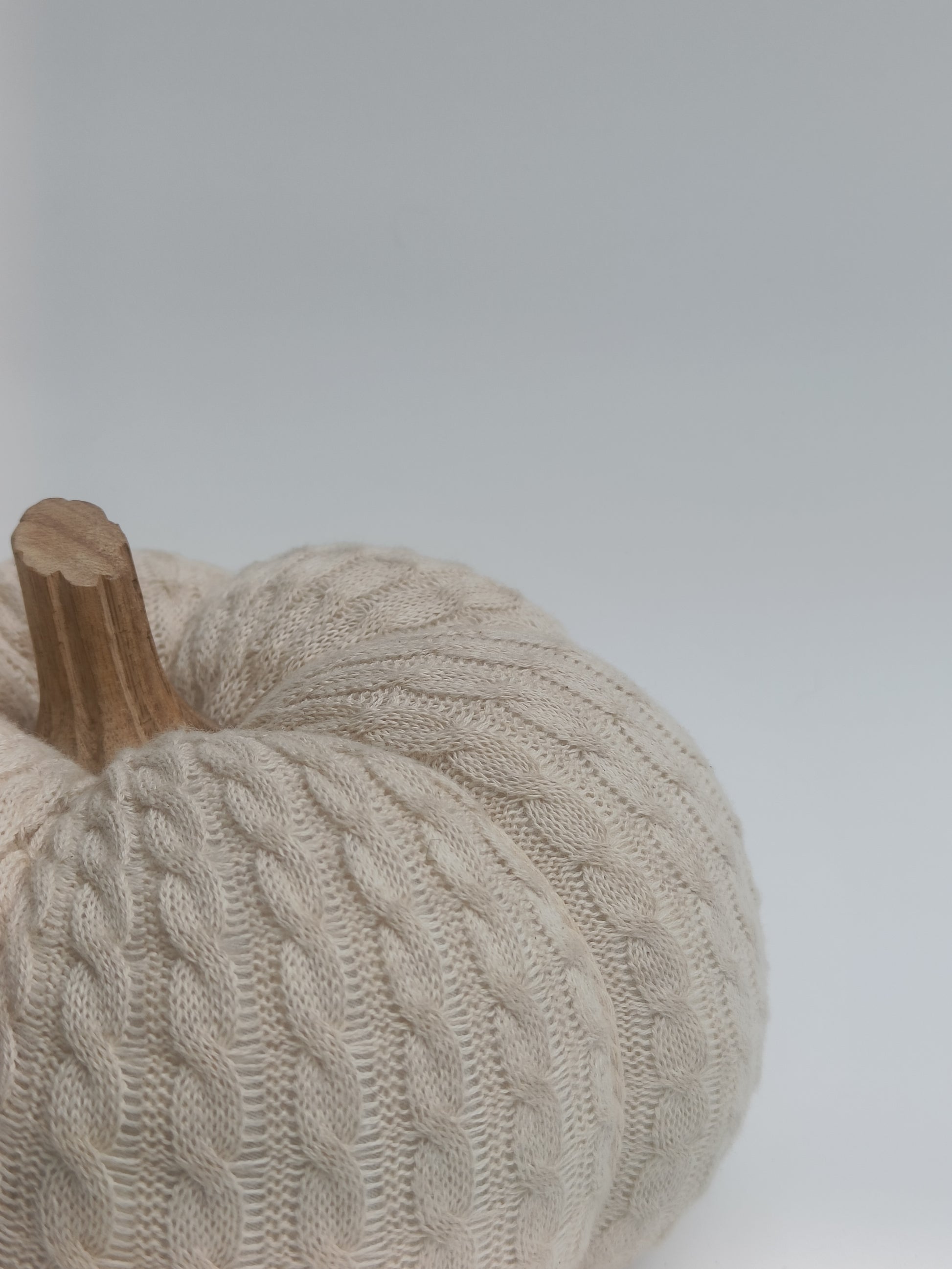 Ivory Cable Knit Pumpkin Décor with Wooden Stem