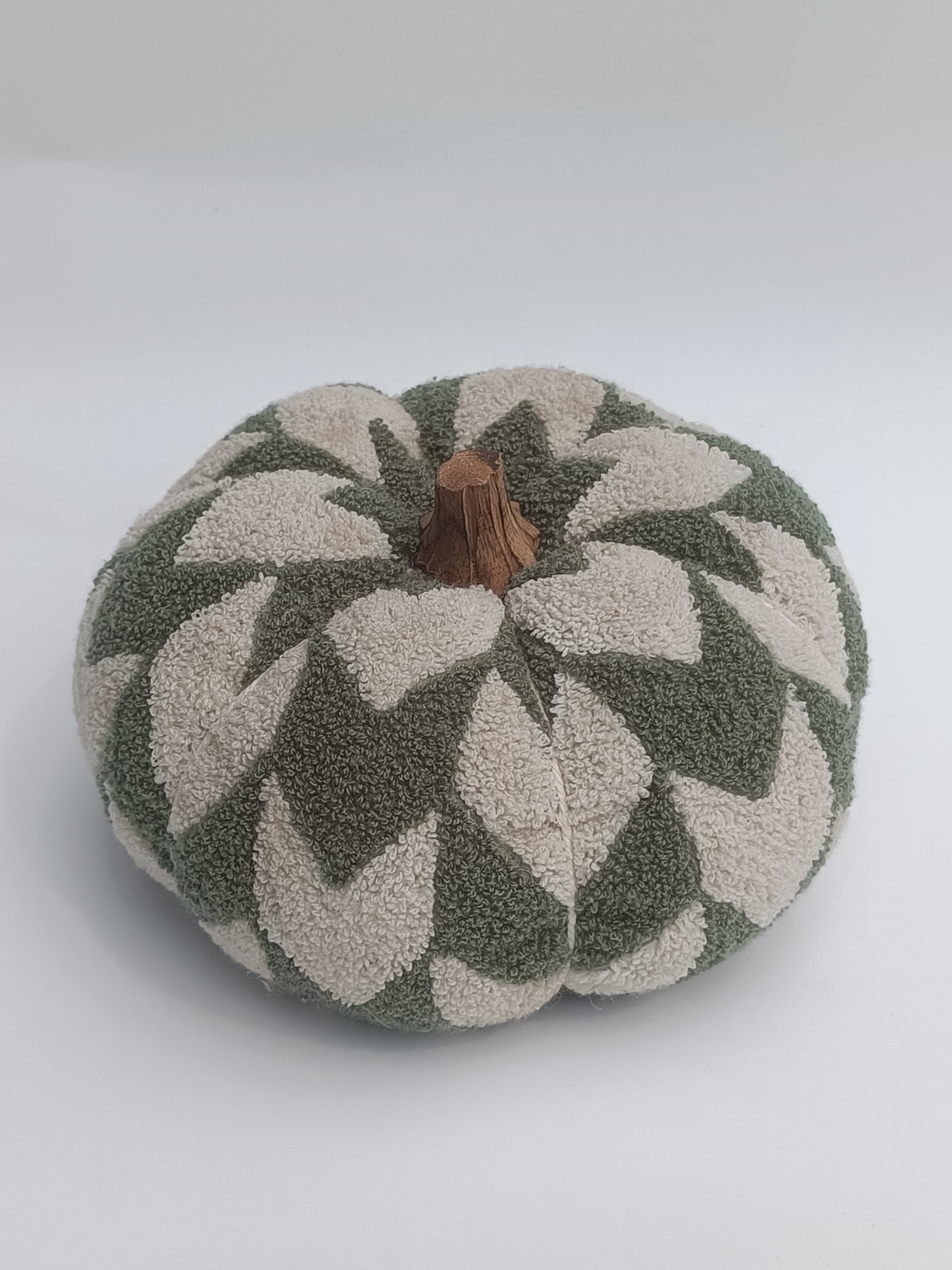 Green & Cream Tufted Fabric Pumpkin – 30 cm Decorative Accent