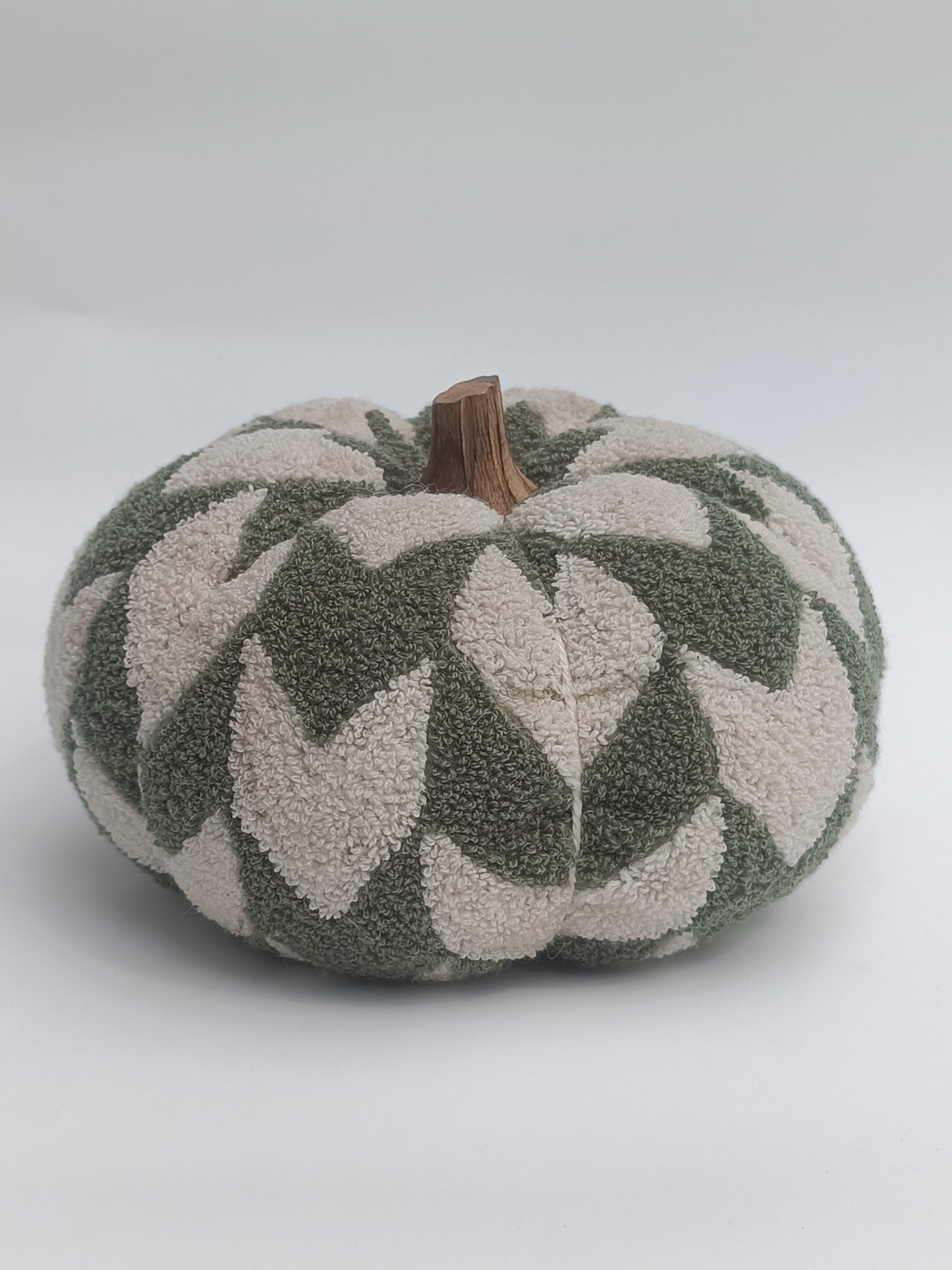 Green & Cream Tufted Fabric Pumpkin – 30 cm Decorative Accent