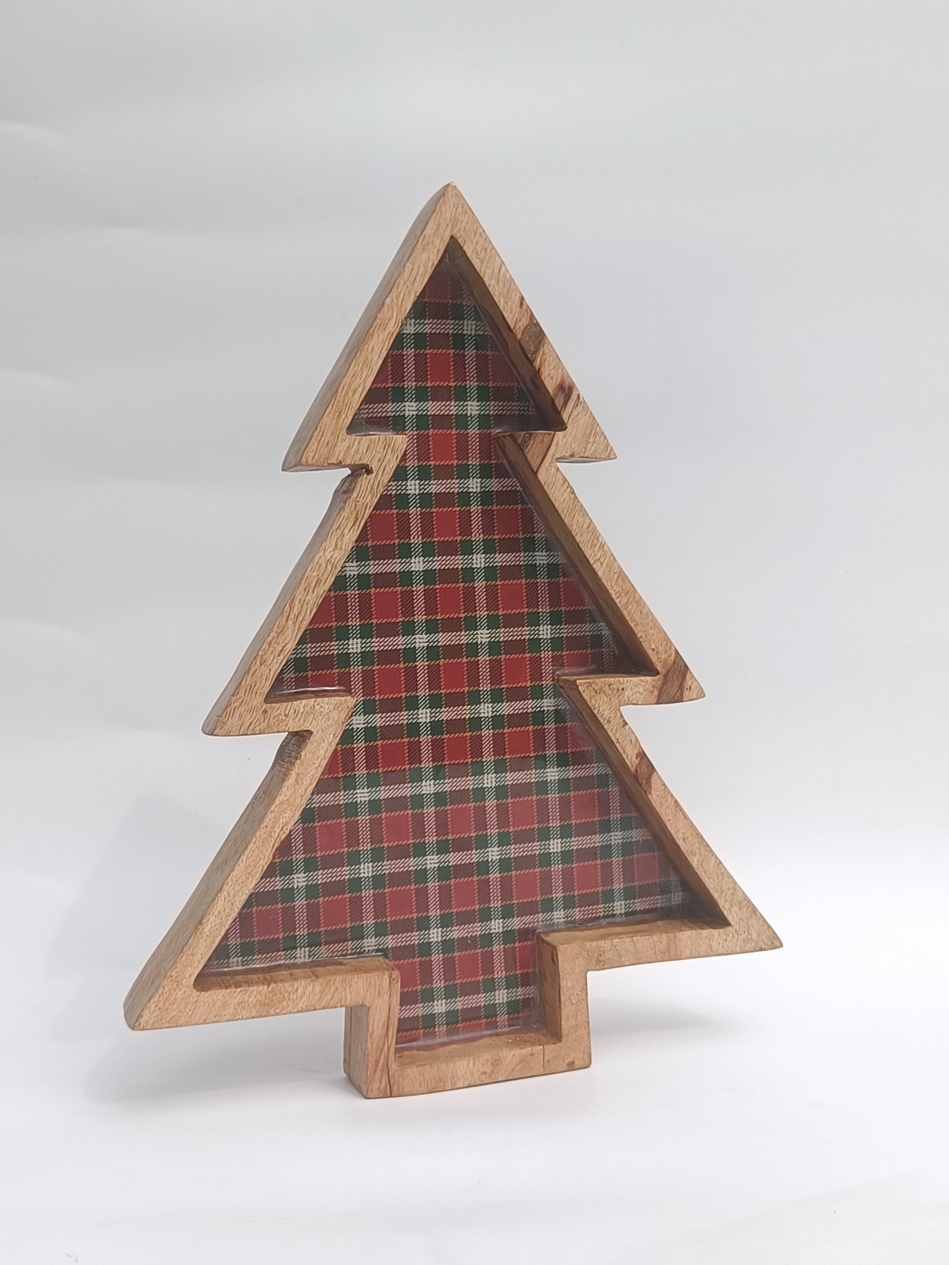 Christmas Tree Wooden Platter with Tartan Base – Festive Serving Tray