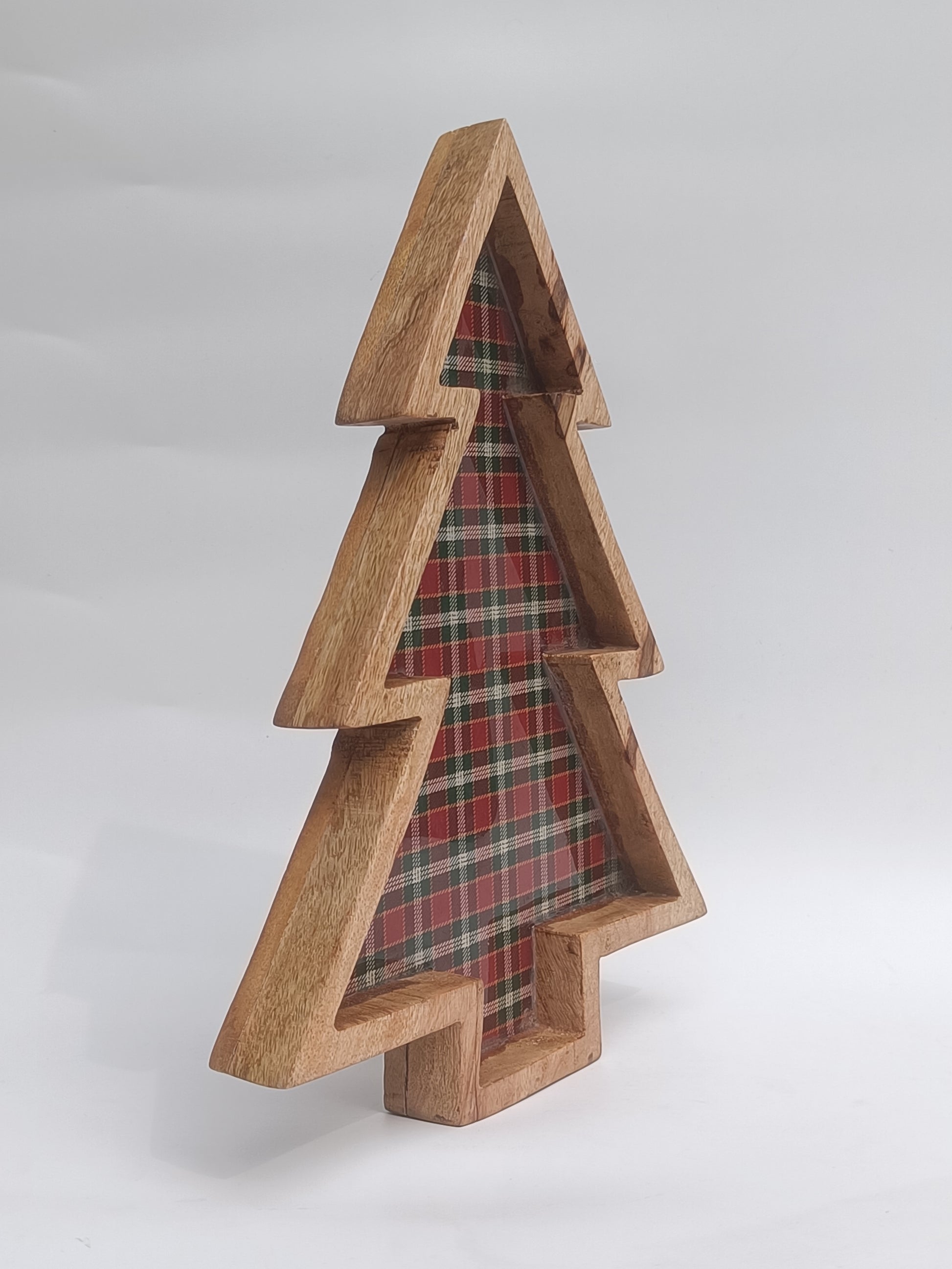 Christmas Tree Wooden Platter with Tartan Base – Festive Serving Tray