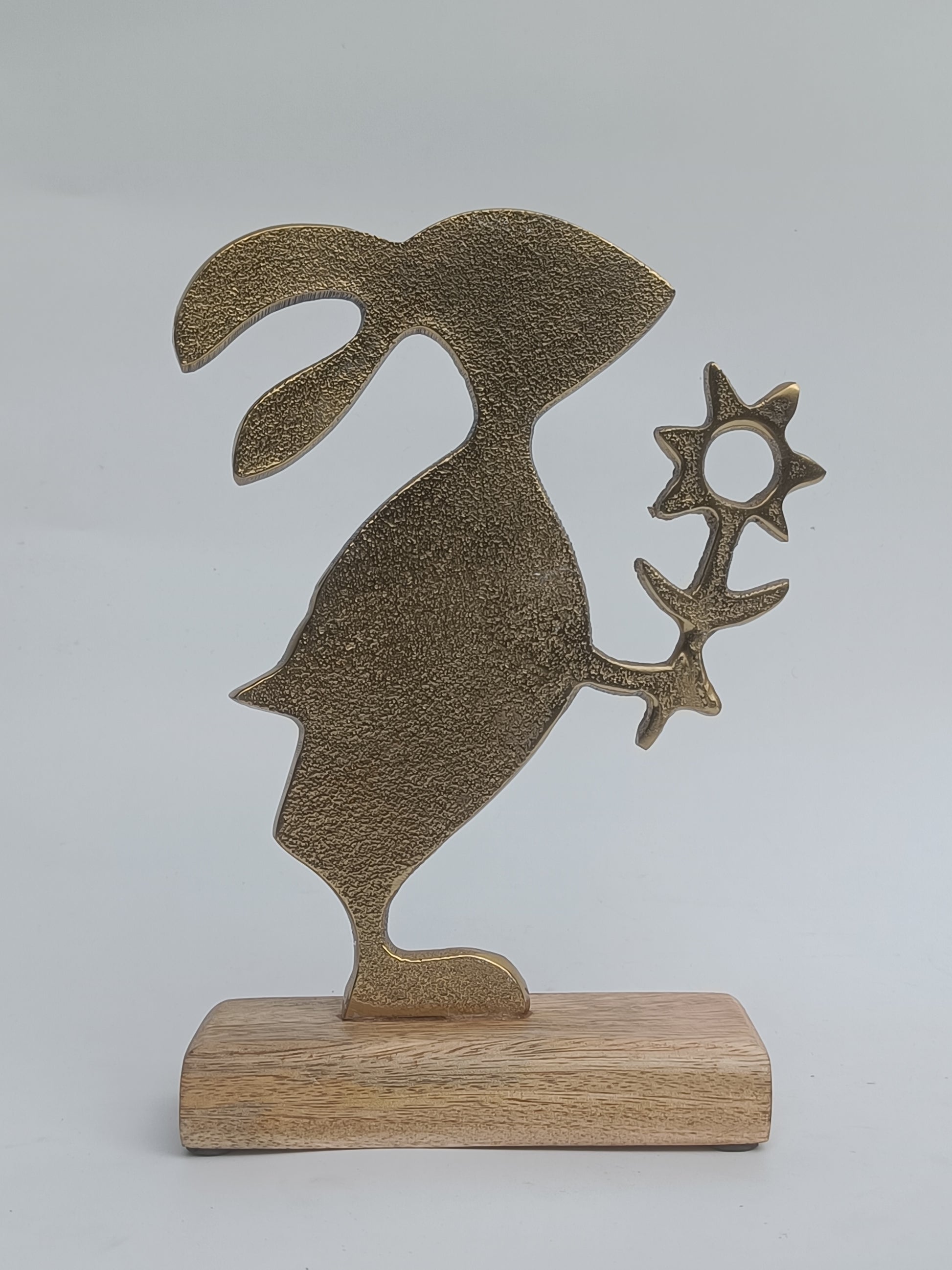 Golden Bunny Holding Flower – Whimsical Metal & Wood Tabletop Décor
