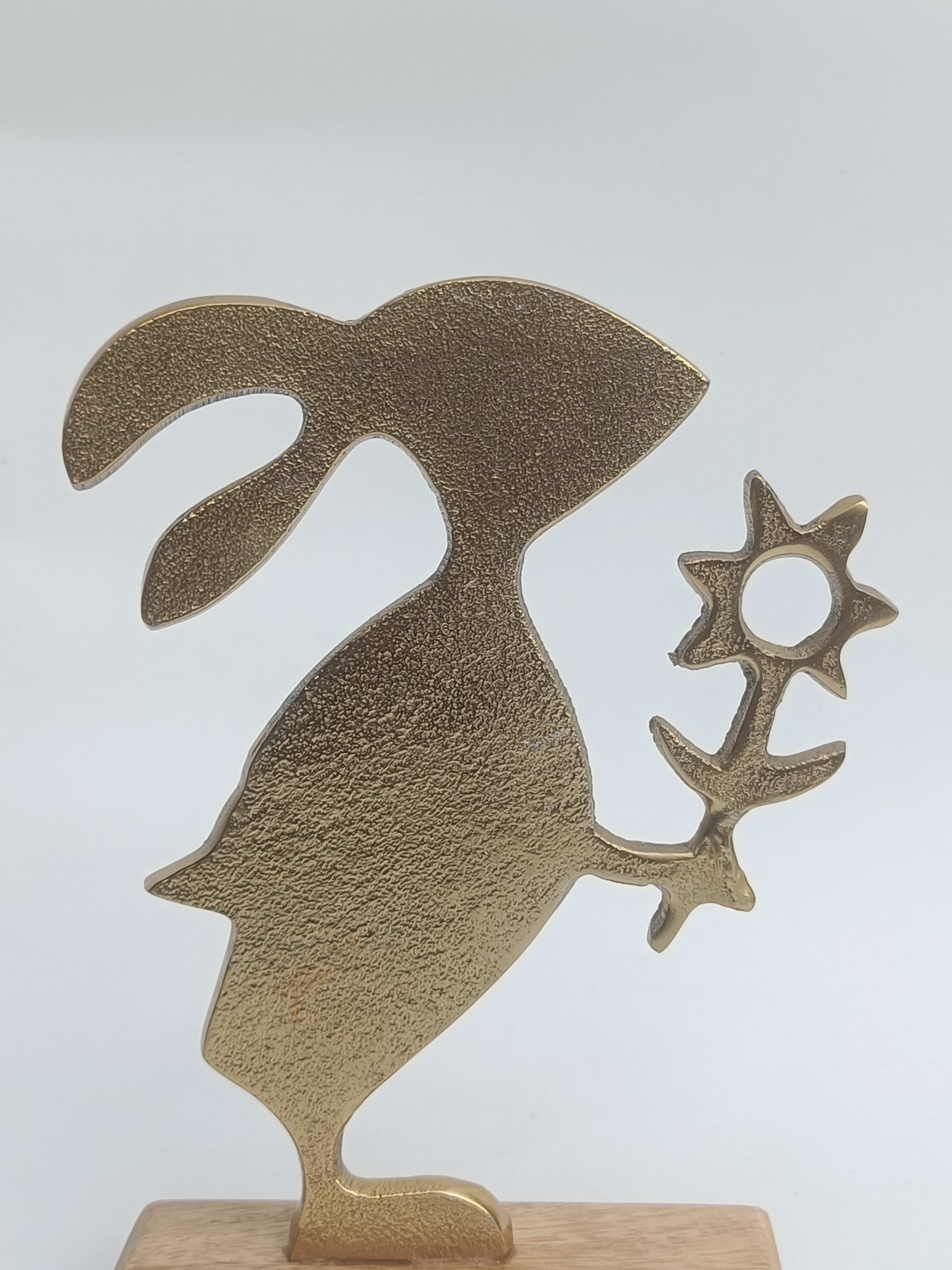 Golden Bunny Holding Flower – Whimsical Metal & Wood Tabletop Décor