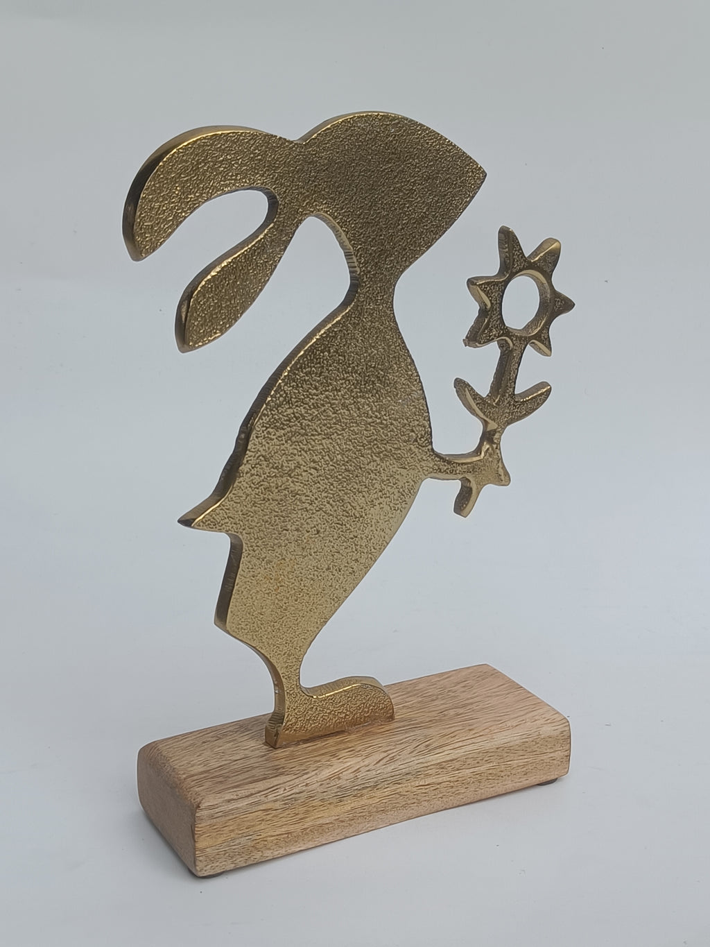 Golden Bunny Holding Flower – Whimsical Metal & Wood Tabletop Décor