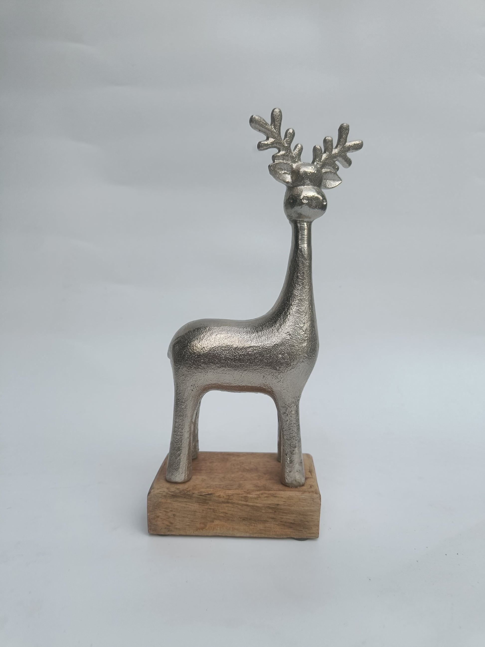 Rustic Silver Reindeer Figurine with Wooden Base