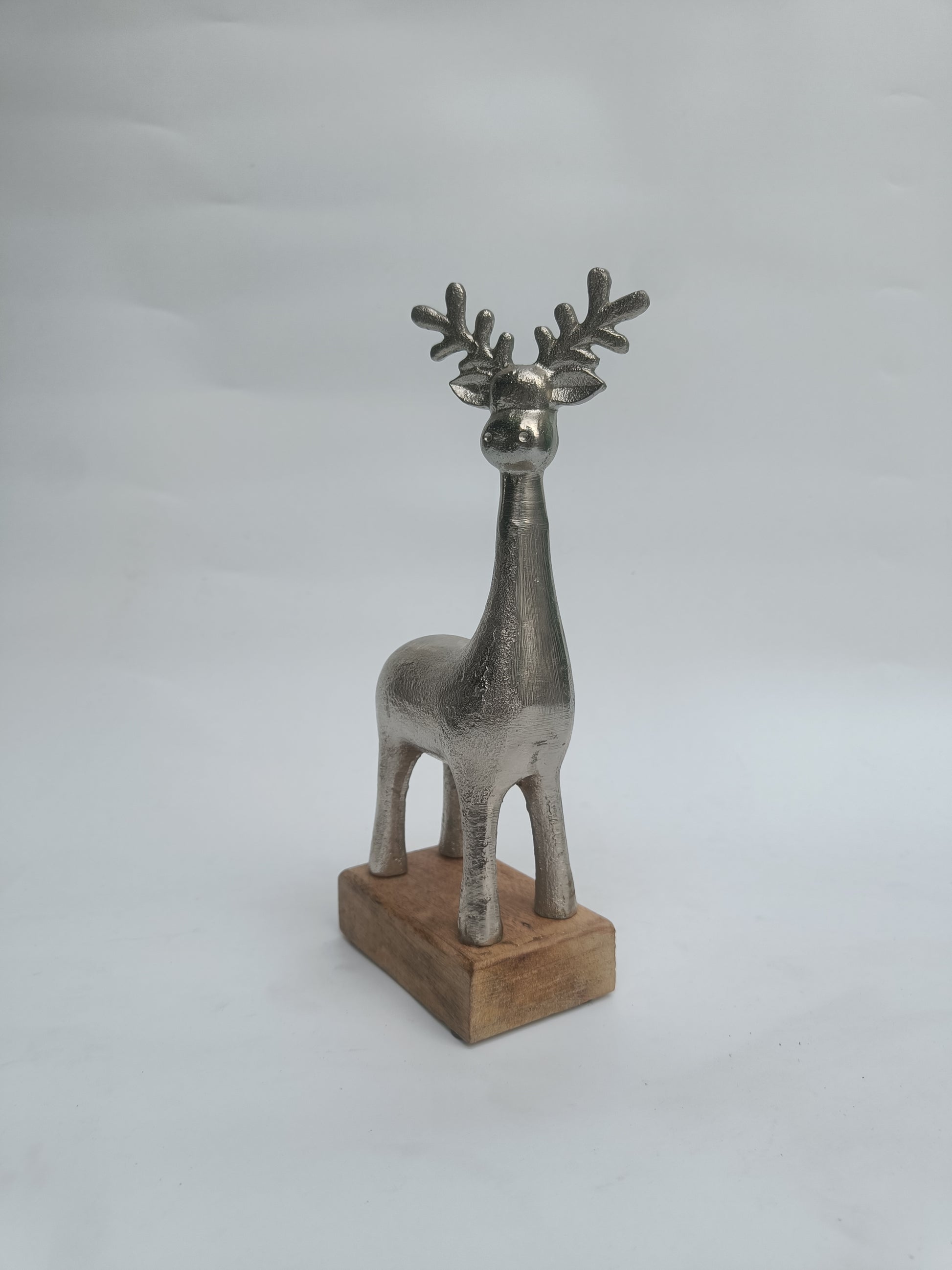 Rustic Silver Reindeer Figurine with Wooden Base