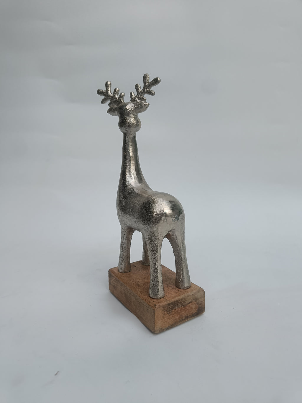 Rustic Silver Reindeer Figurine with Wooden Base