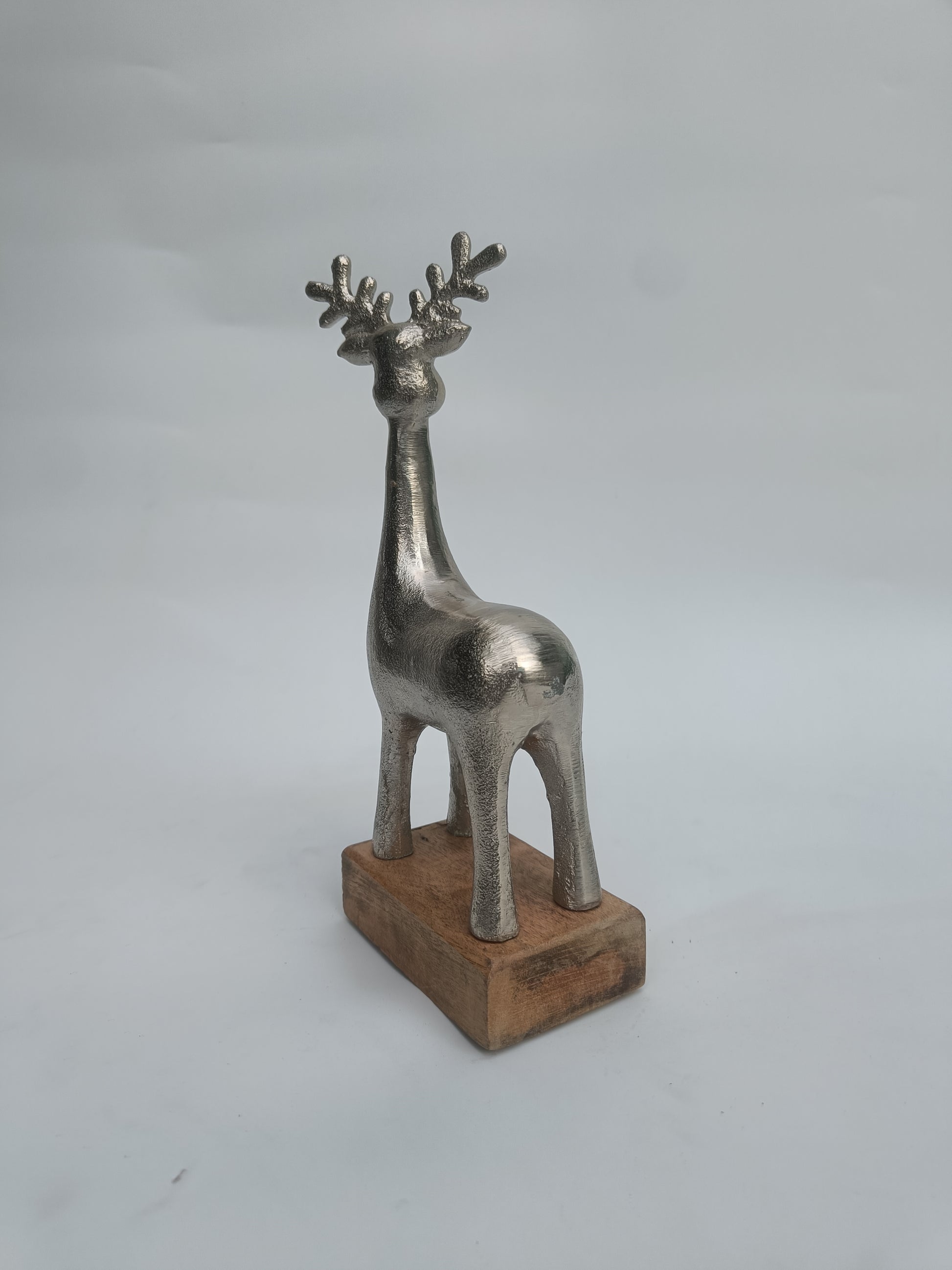 Rustic Silver Reindeer Figurine with Wooden Base