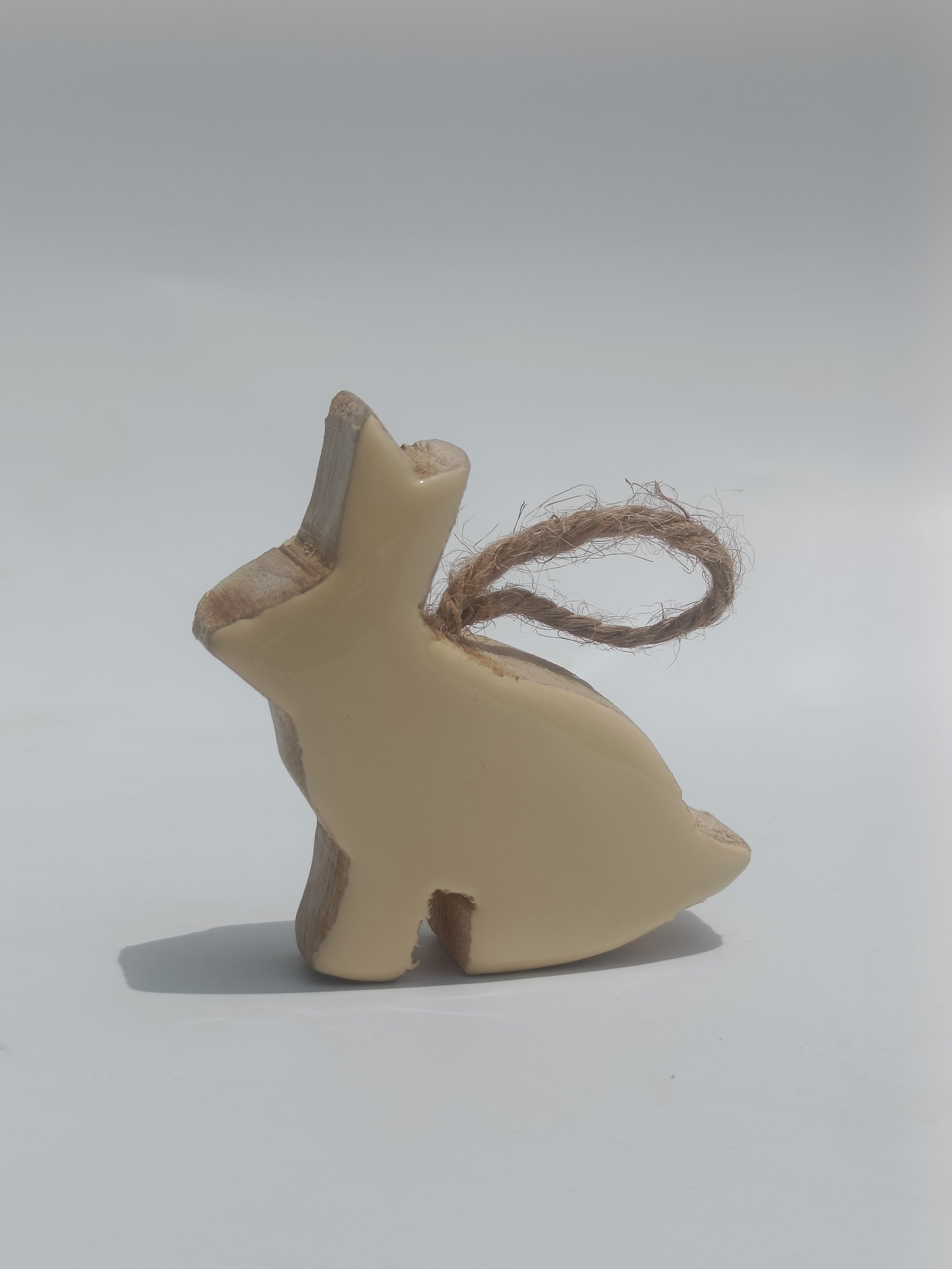 Ceramic‑Coated Green Wooden Bunny Ornament with Rustic Twine Loop