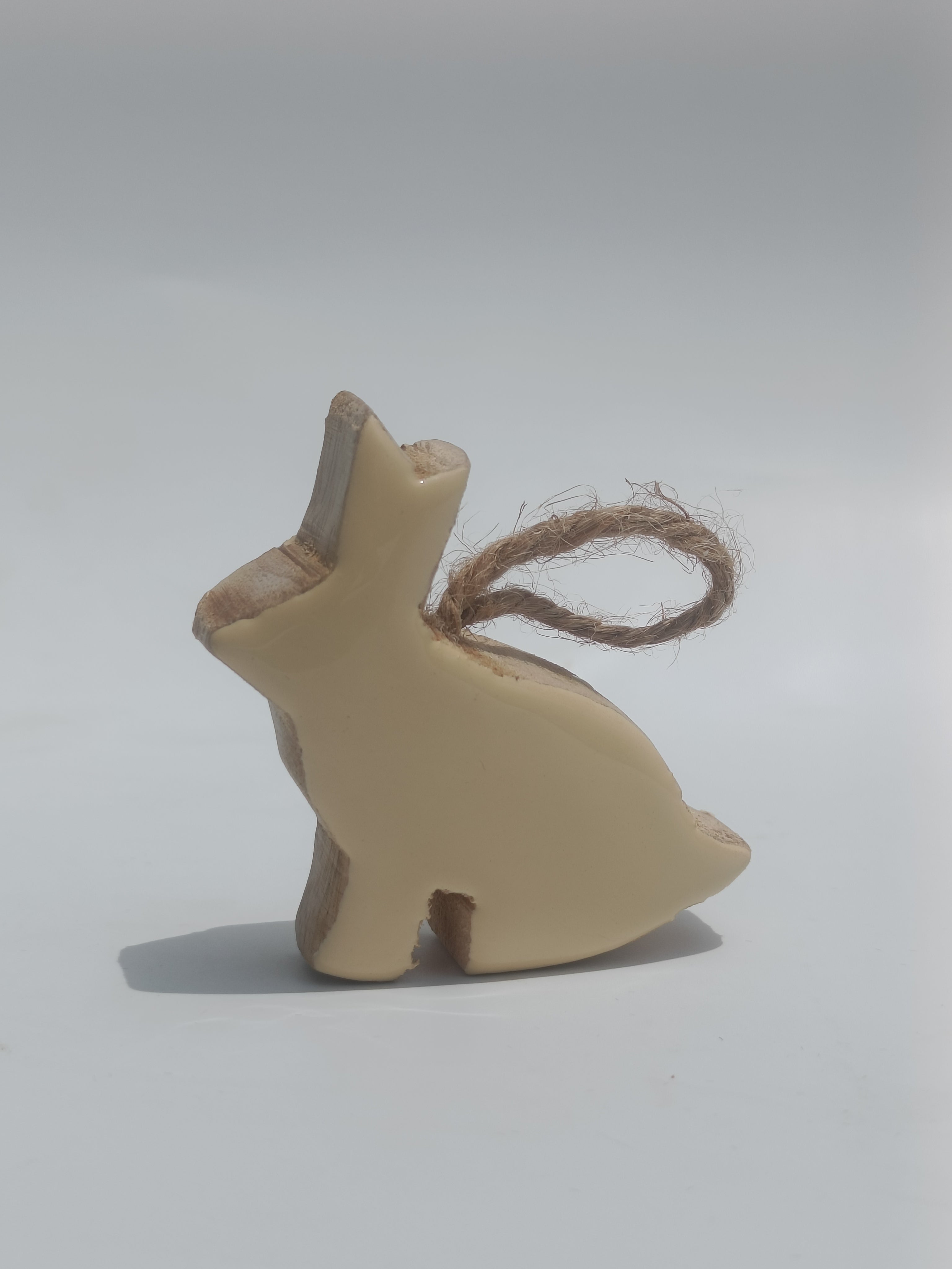 Ceramic‑Coated Green Wooden Bunny Ornament with Rustic Twine Loop