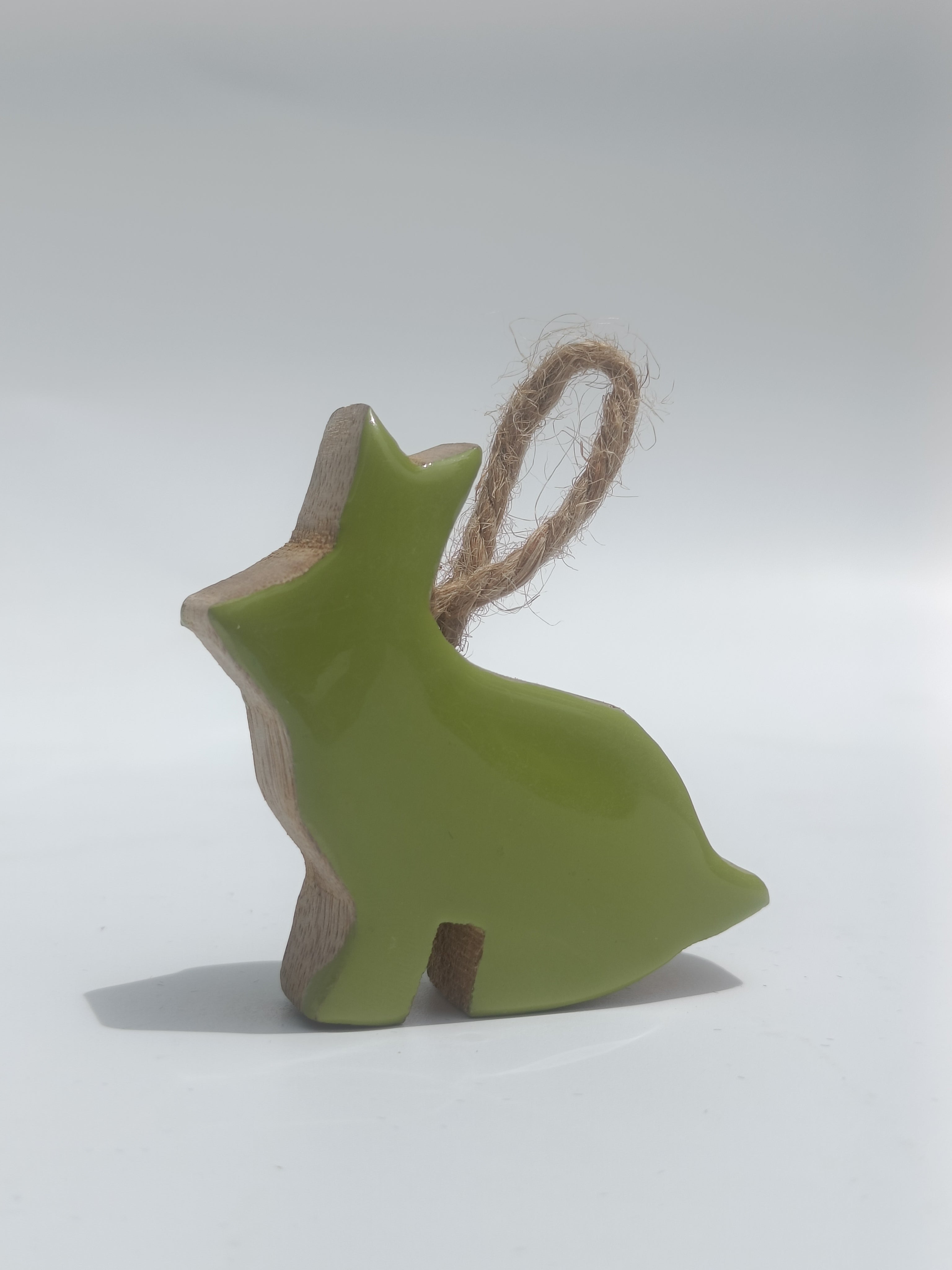 Ceramic‑Coated Green Wooden Bunny Ornament with Rustic Twine Loop