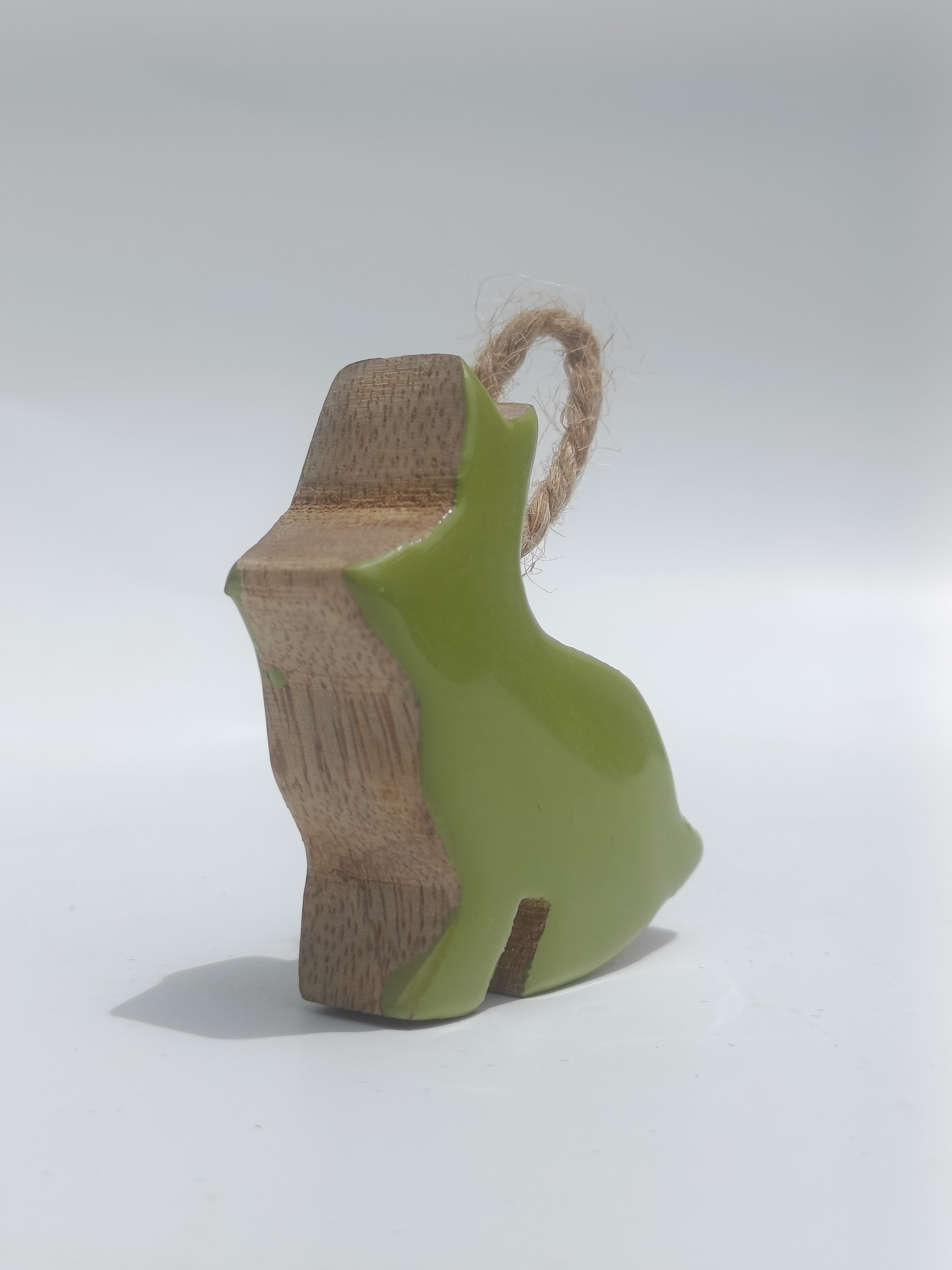 Ceramic‑Coated Green Wooden Bunny Ornament with Rustic Twine Loop