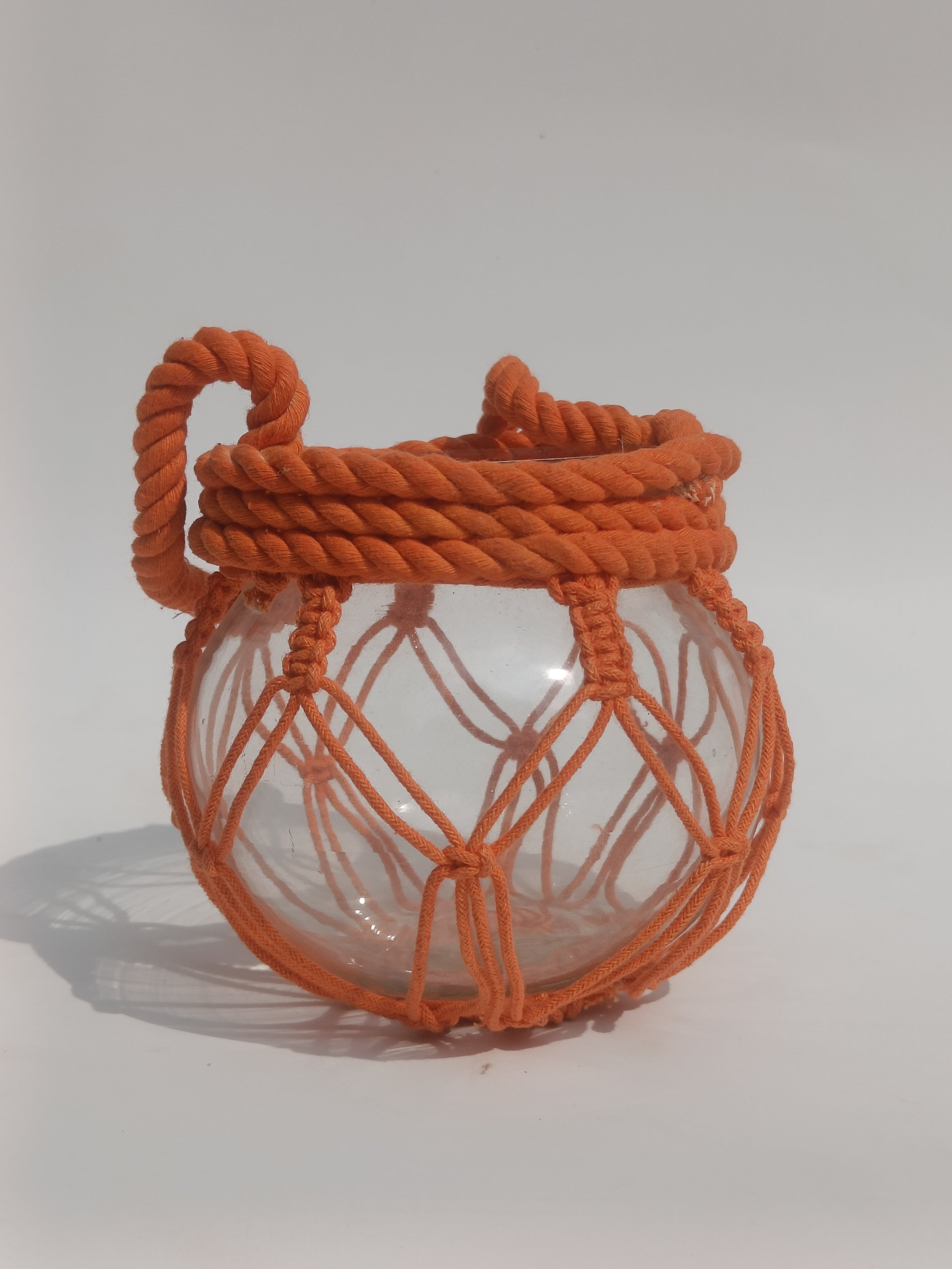 Sunset Glow Hanging Glass Jar with Orange Macramé Rope