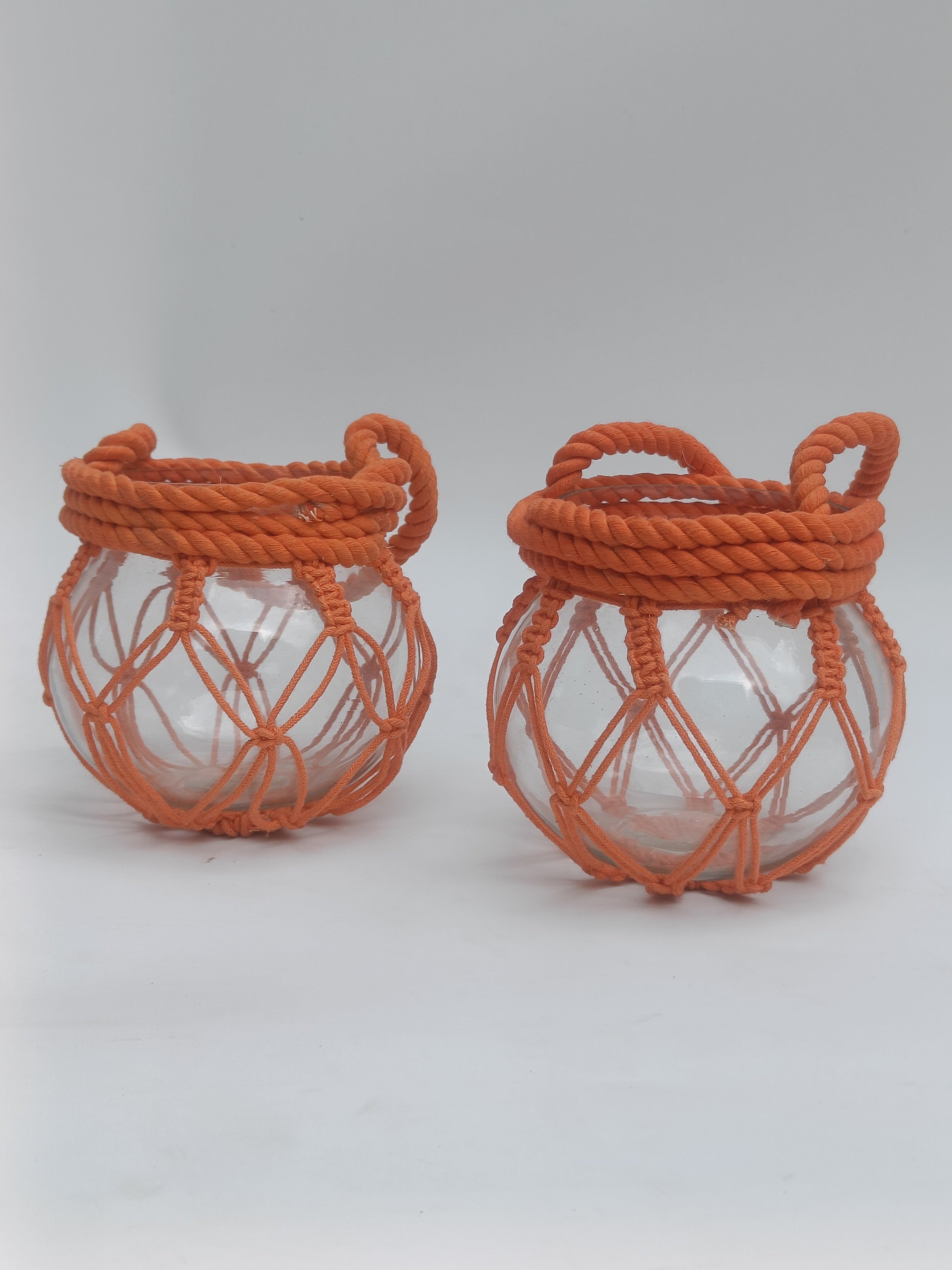 Sunset Glow Hanging Glass Jar with Orange Macramé Rope