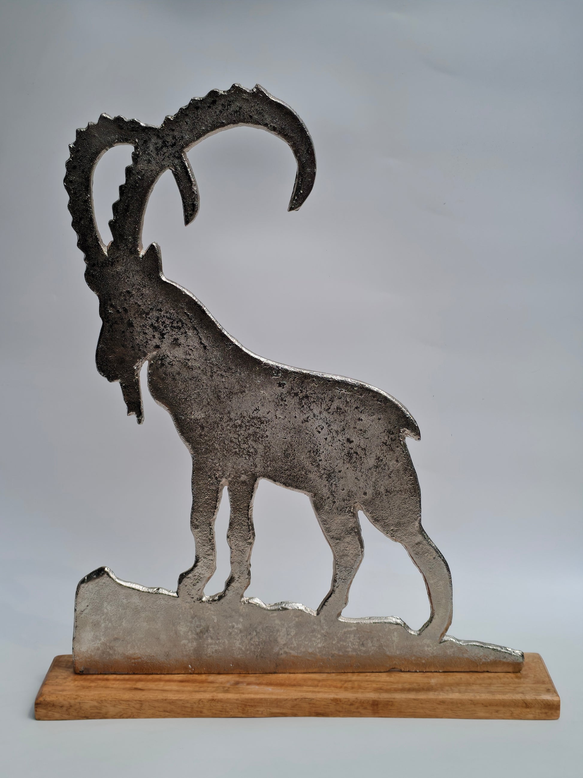 Handcrafted Metal Mountain Goat Sculpture on Wooden Base