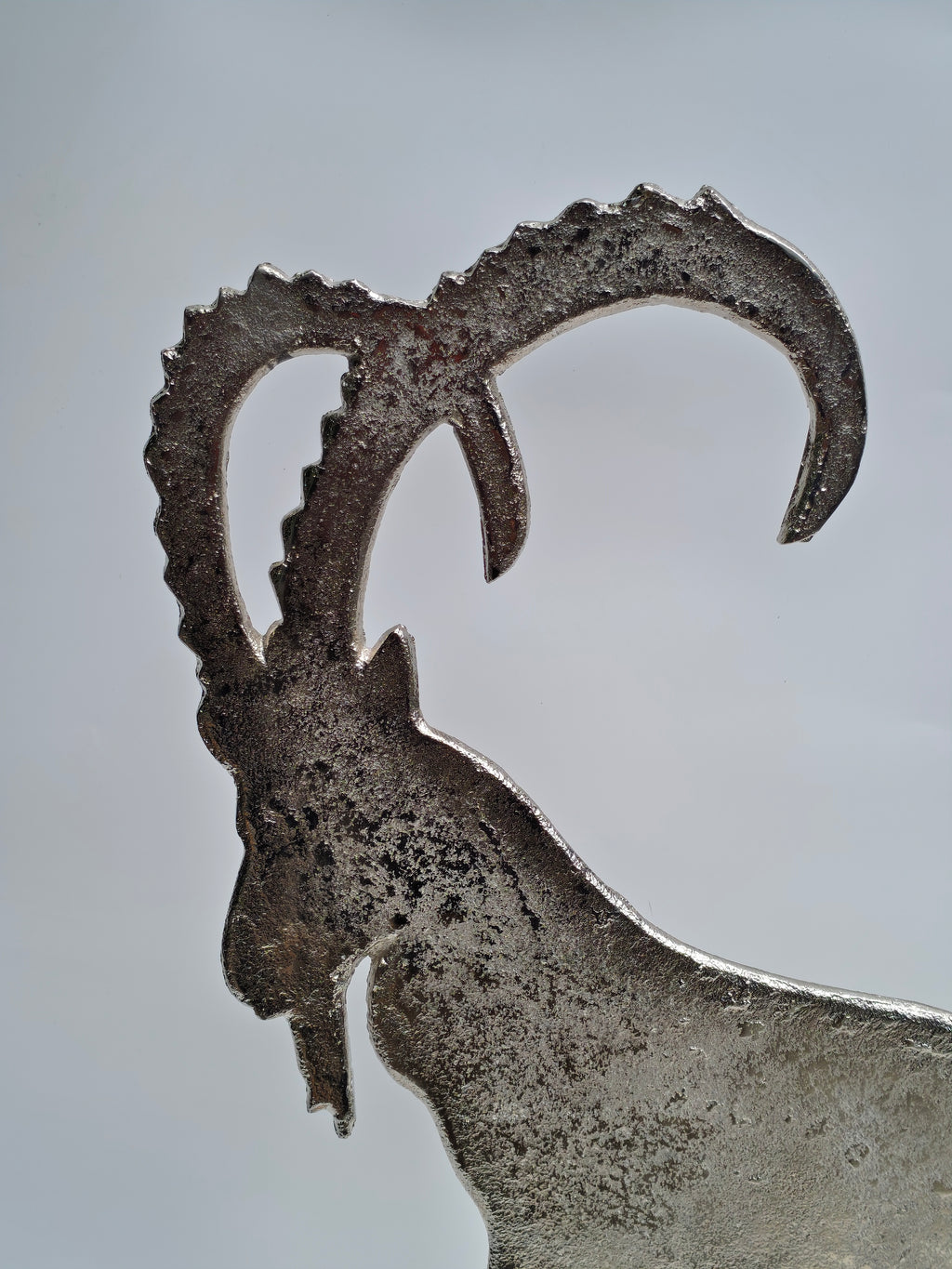 Handcrafted Metal Mountain Goat Sculpture on Wooden Base