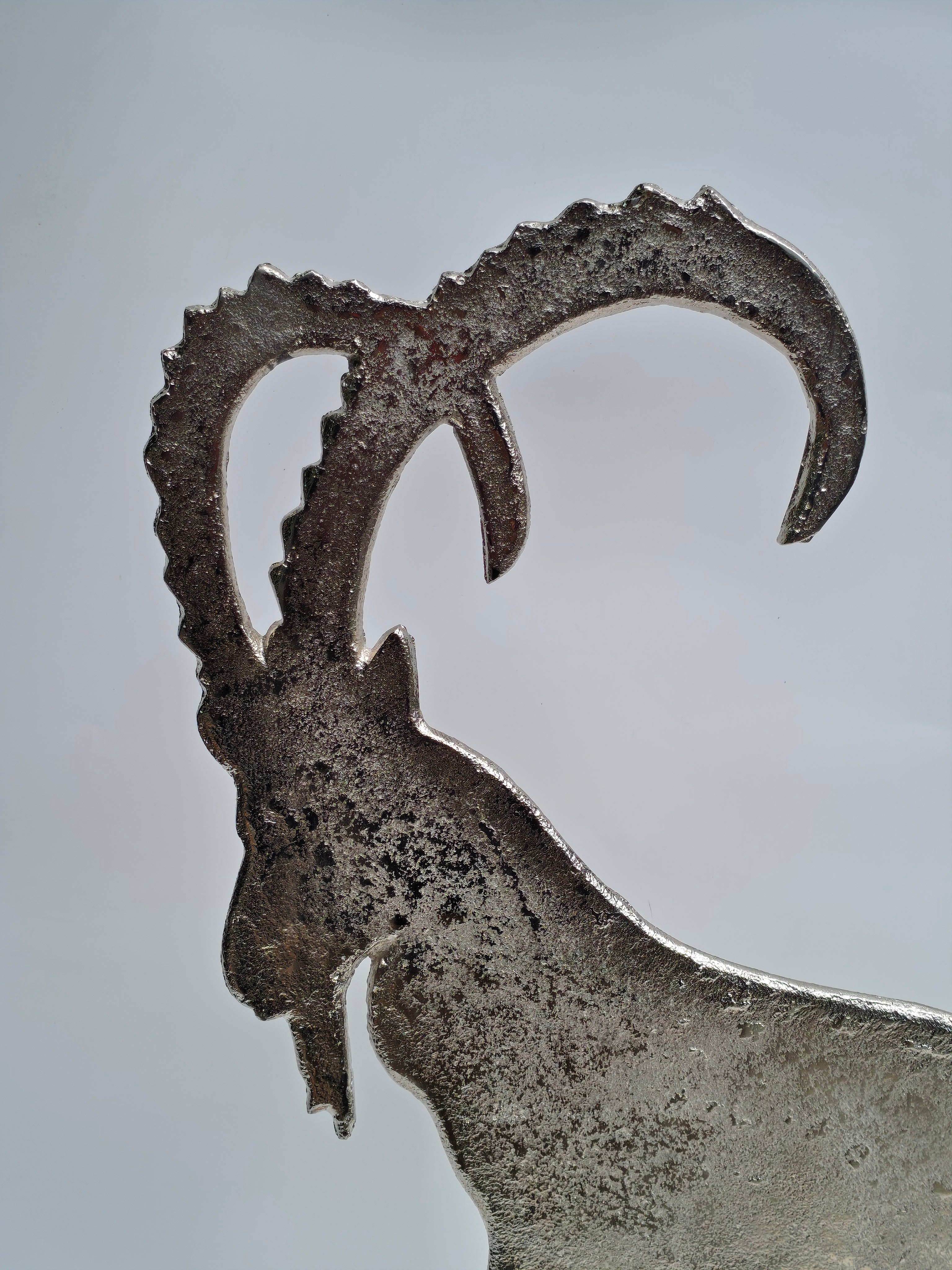 Metal Mountain Goat Sculpture on Wooden Base