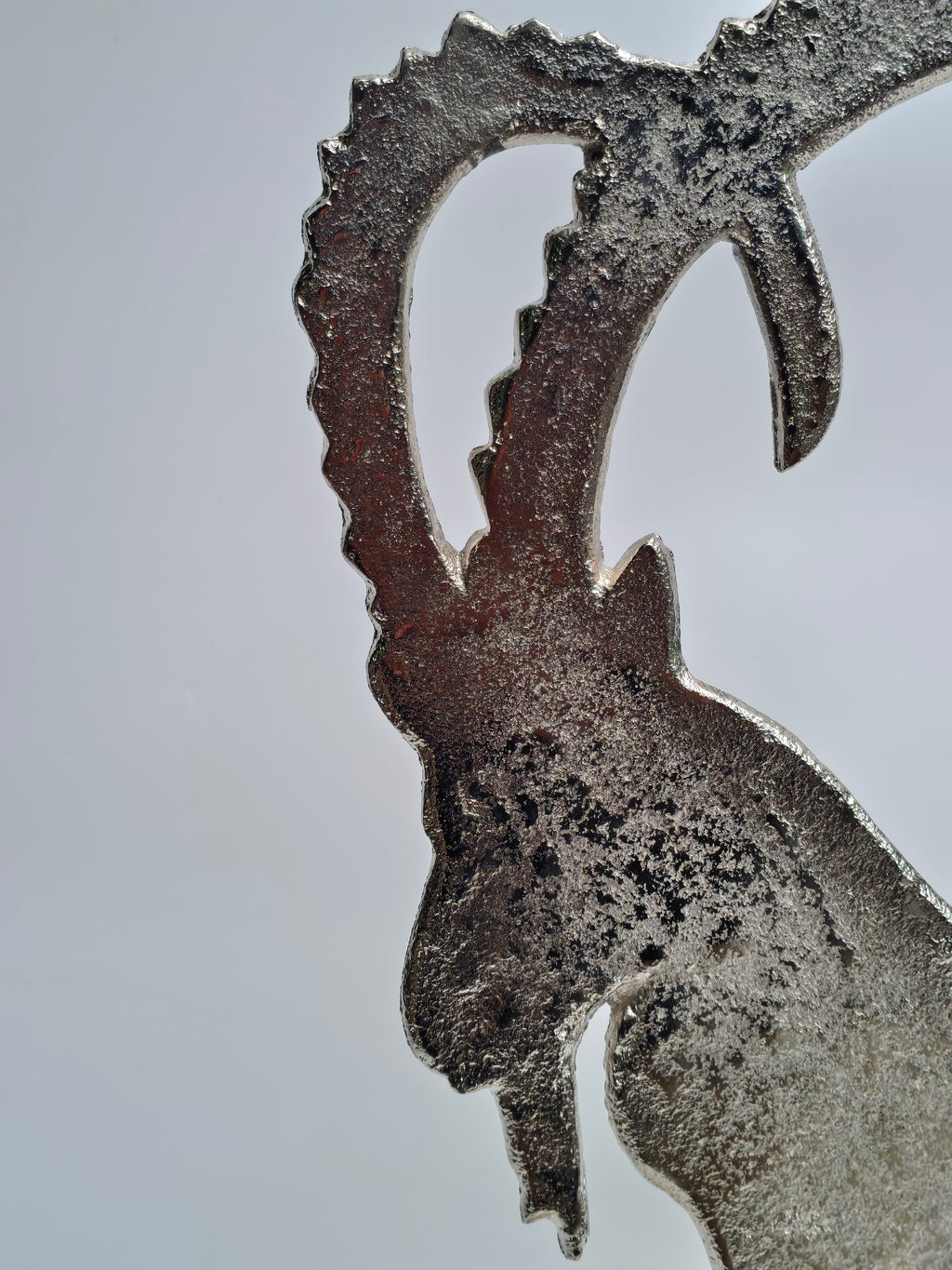 Handcrafted Metal Mountain Goat Sculpture on Wooden Base