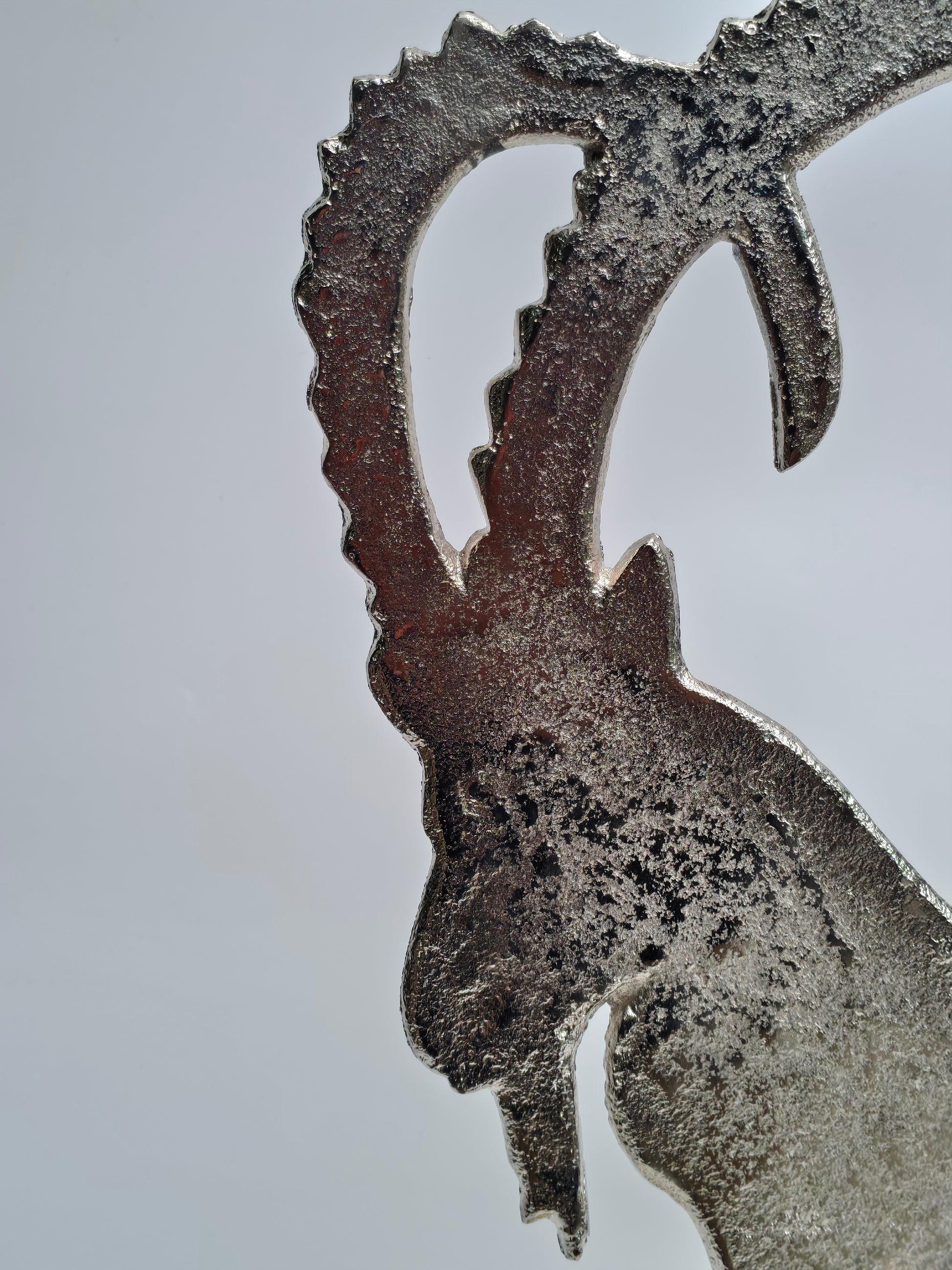 Handcrafted Metal Mountain Goat Sculpture on Wooden Base