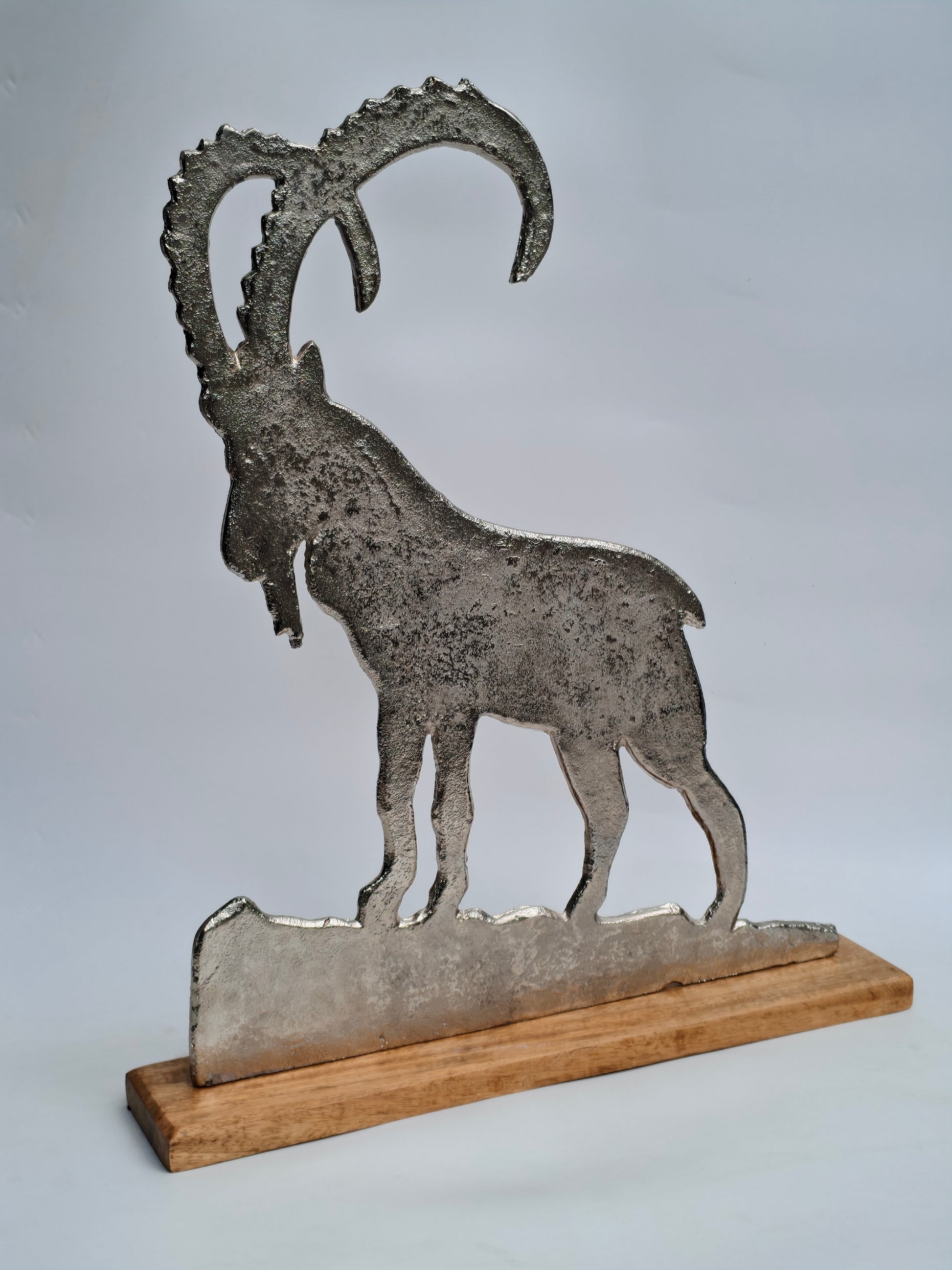 Handcrafted Metal Mountain Goat Sculpture on Wooden Base