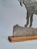Metal Mountain Goat Sculpture on Wooden Base