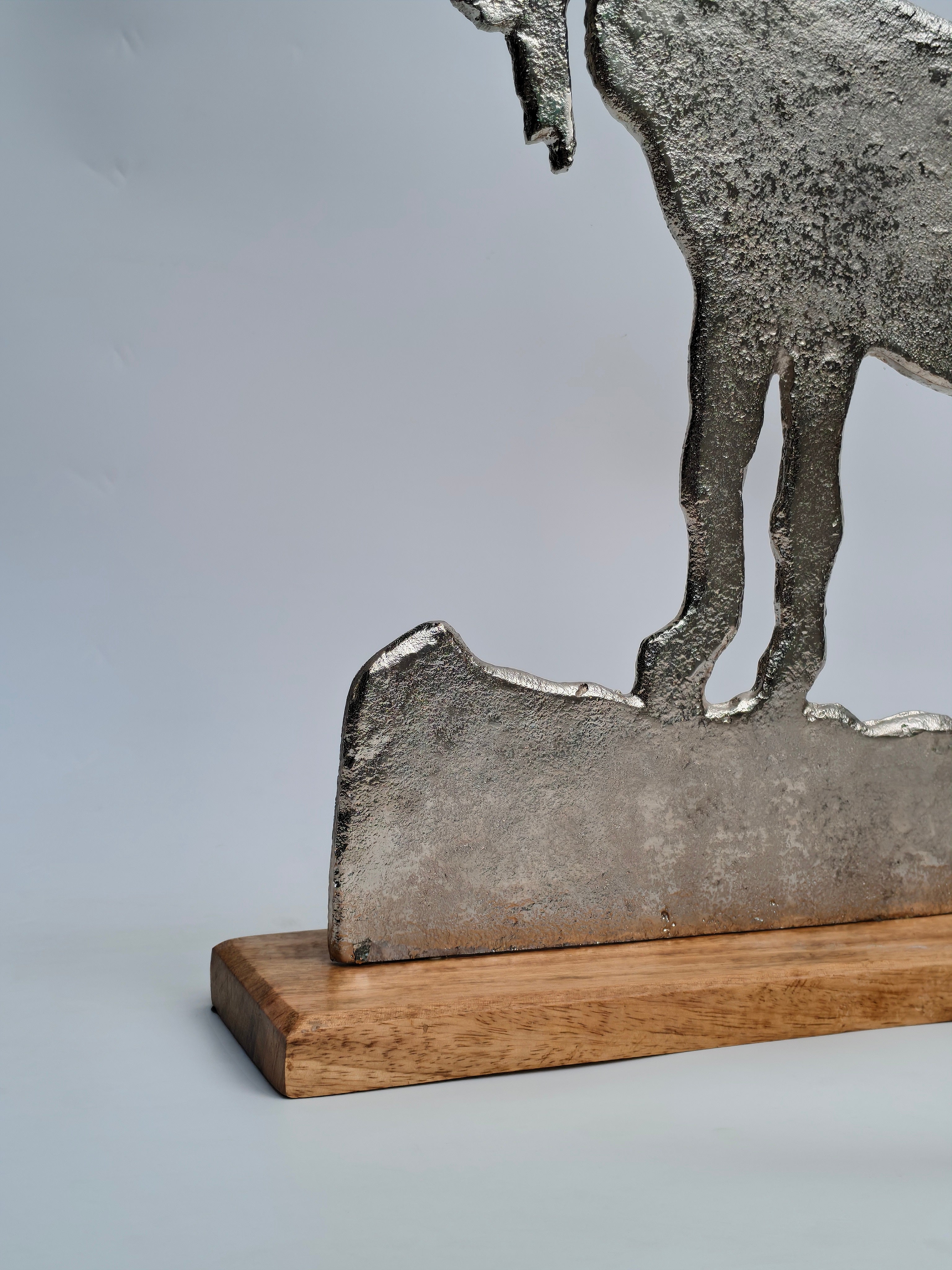Metal Mountain Goat Sculpture on Wooden Base