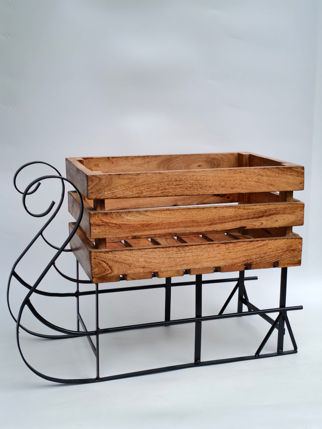 Wooden Sleigh Storage Crate with Iron Frame – Festive & Functional Home Décor