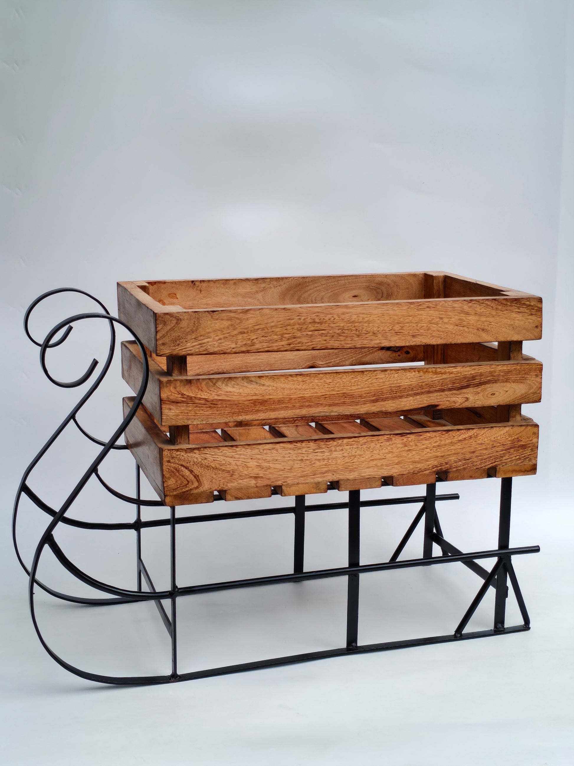 Wooden Sleigh Storage Crate with Iron Frame – Festive & Functional Home Décor