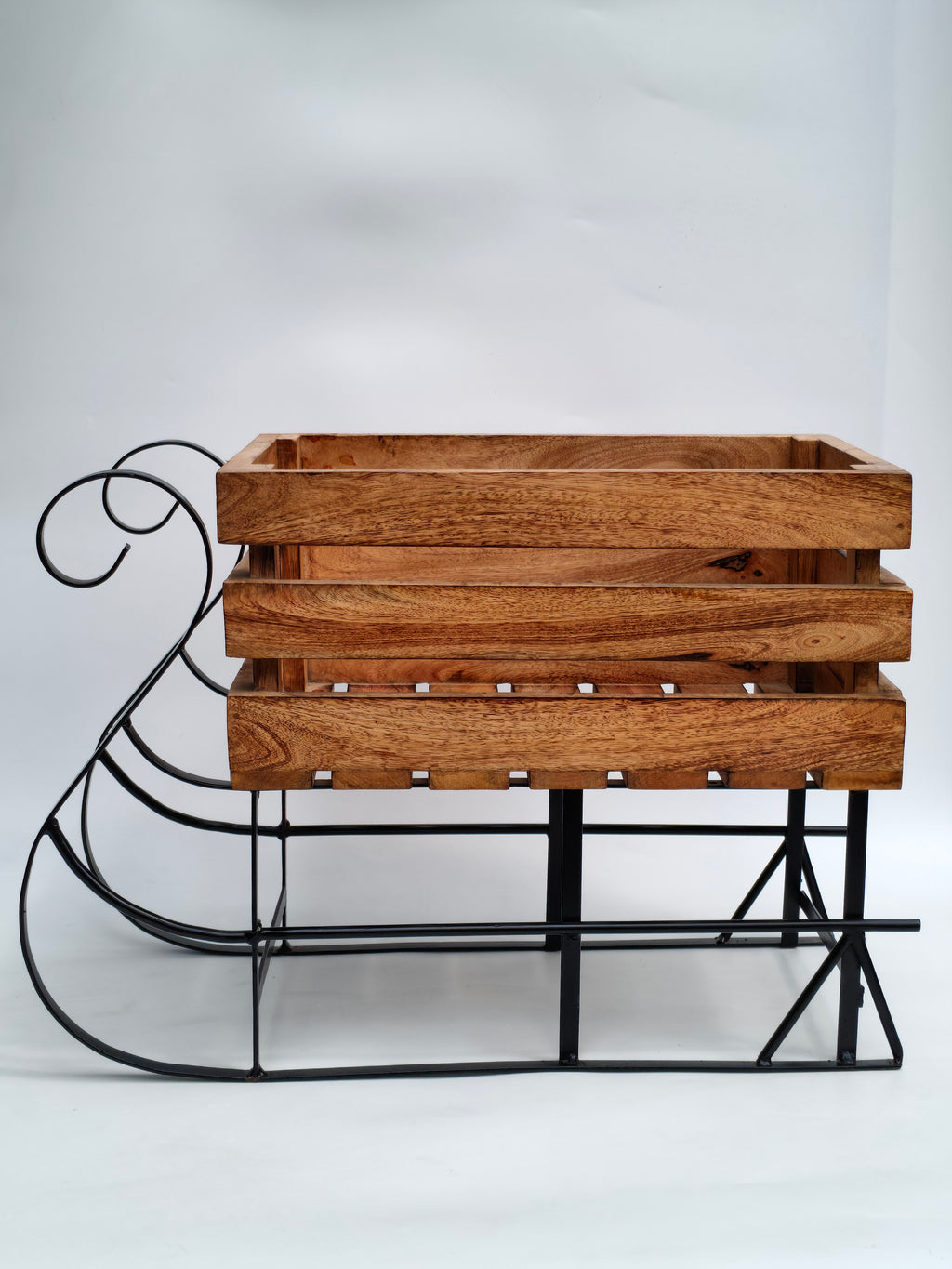 Wooden Sleigh Storage Crate with Iron Frame – Festive & Functional Home Décor