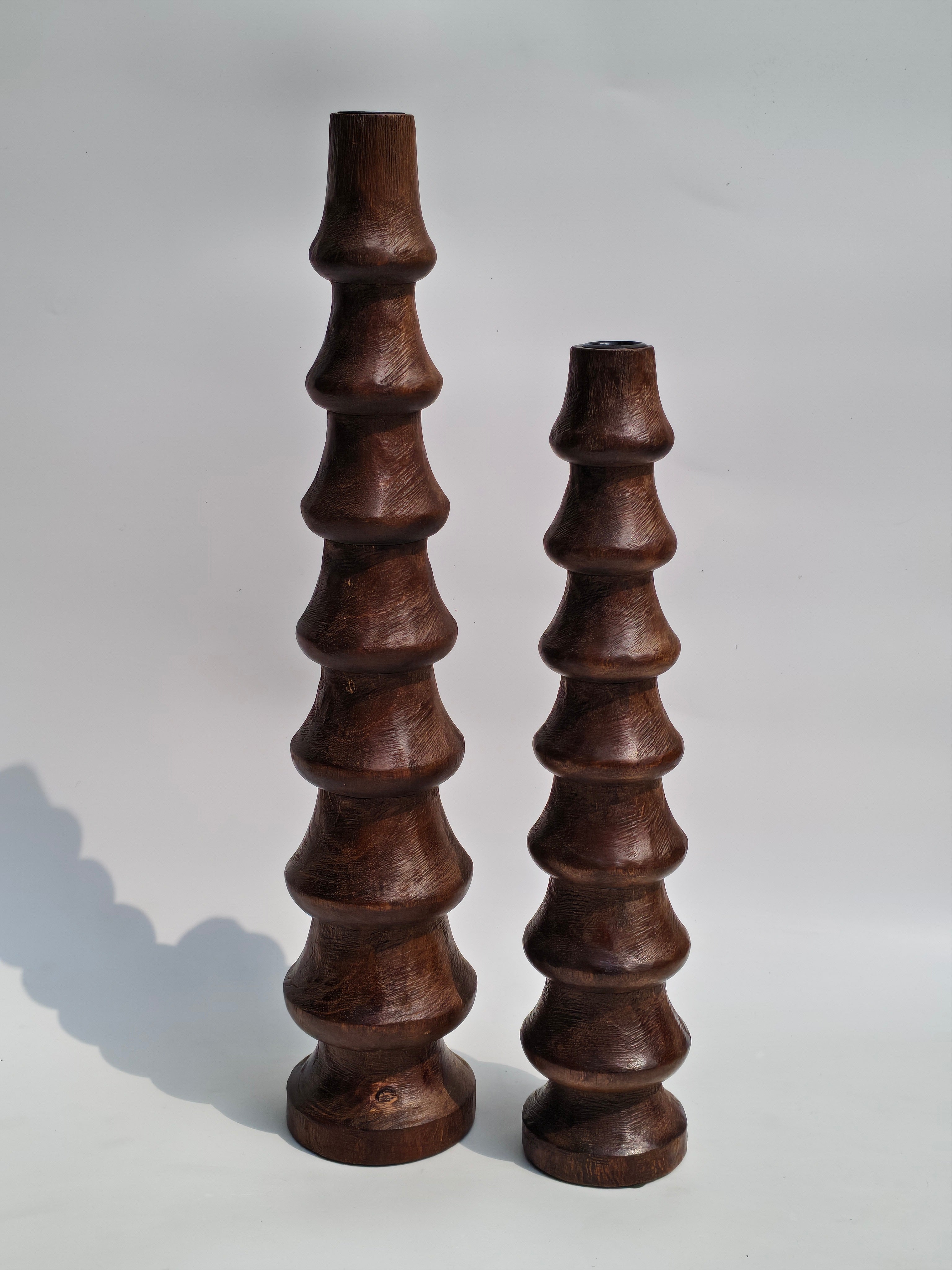 Hand-Carved Wooden Spiral Taper Candle Holder – 40cm | Natural Brown Finish