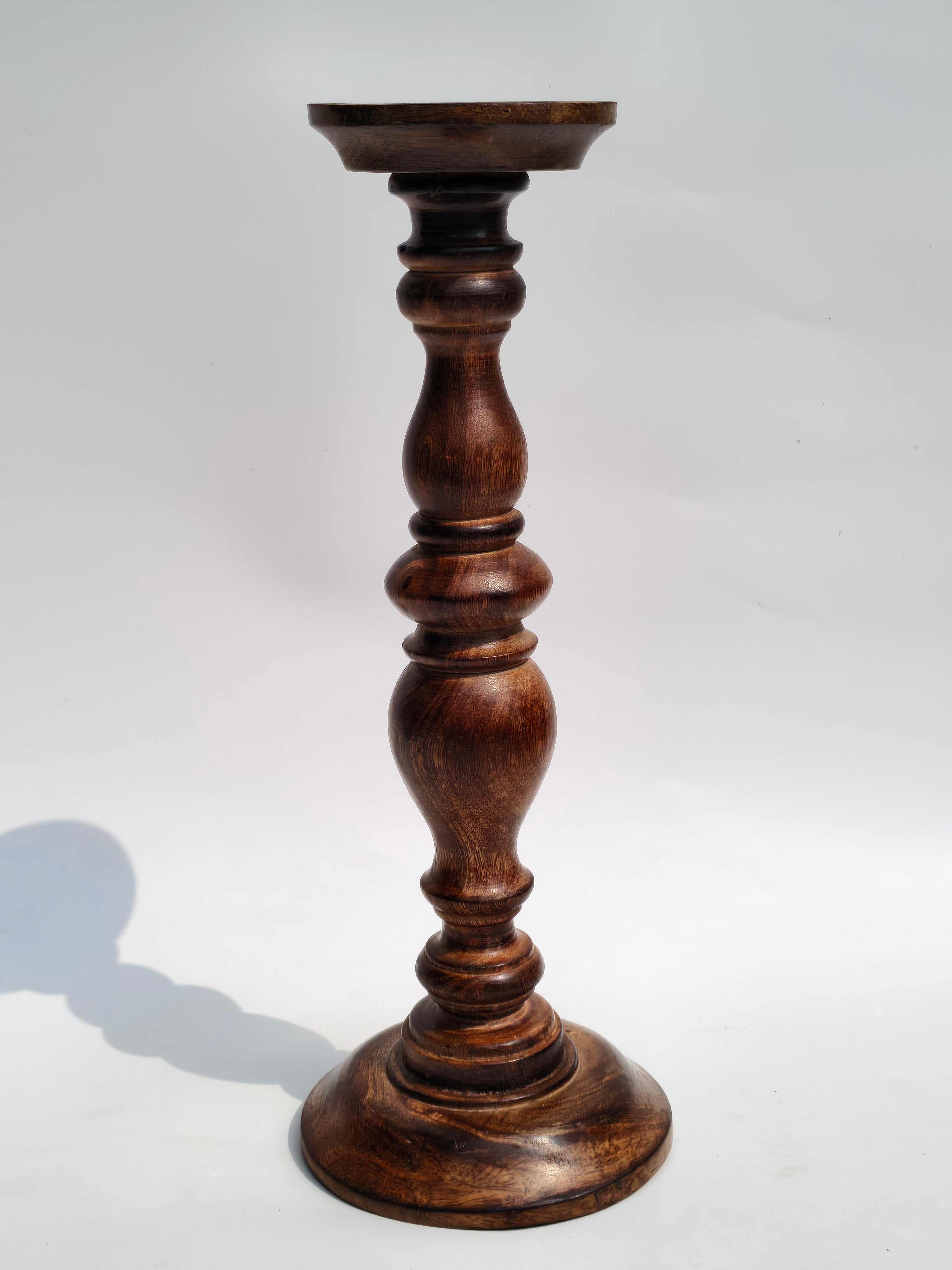 Classic Turned Wooden Pillar Candle Stand – 40cm | Rich Walnut Finish