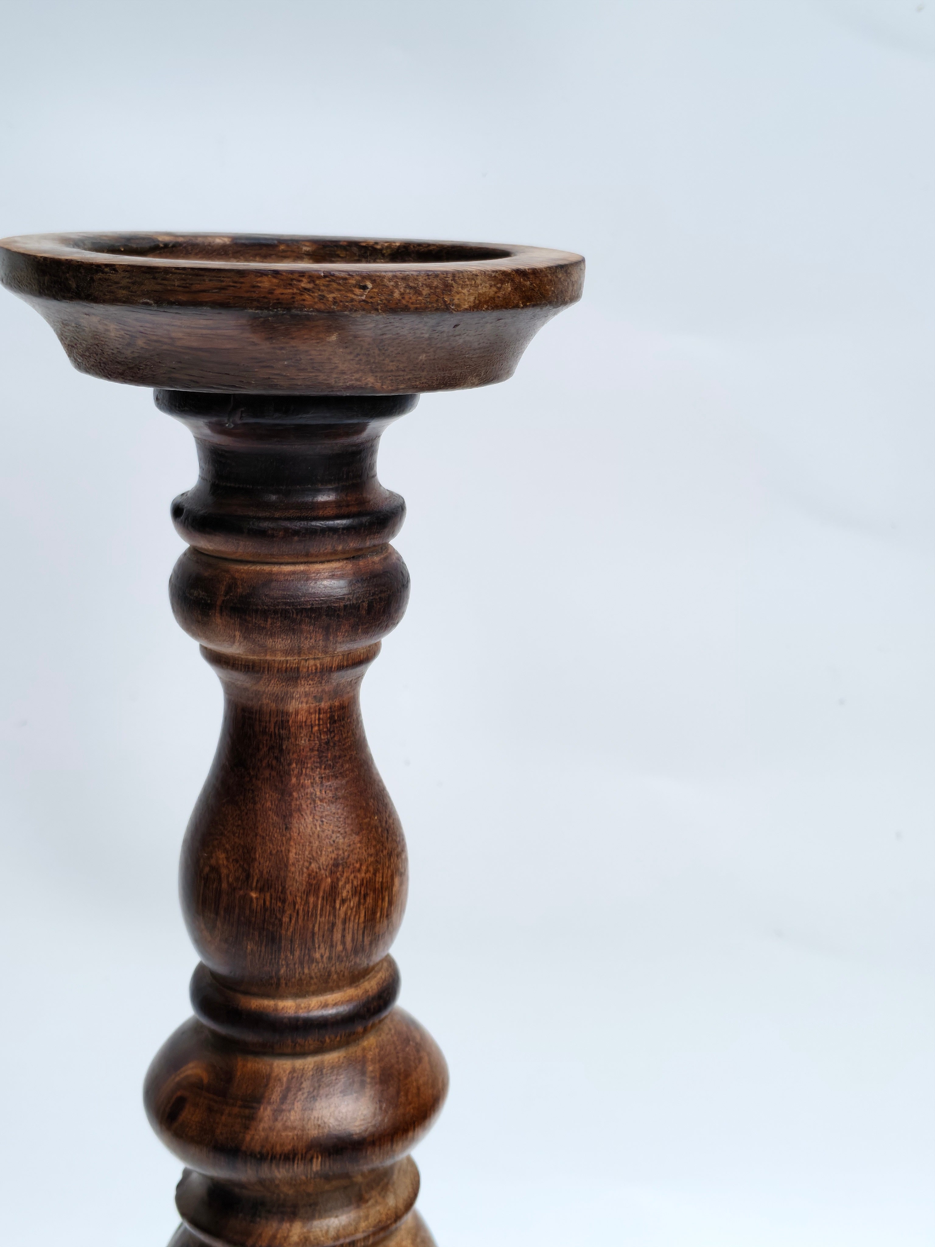 Classic Turned Wooden Pillar Candle Stand – 40cm | Rich Walnut Finish