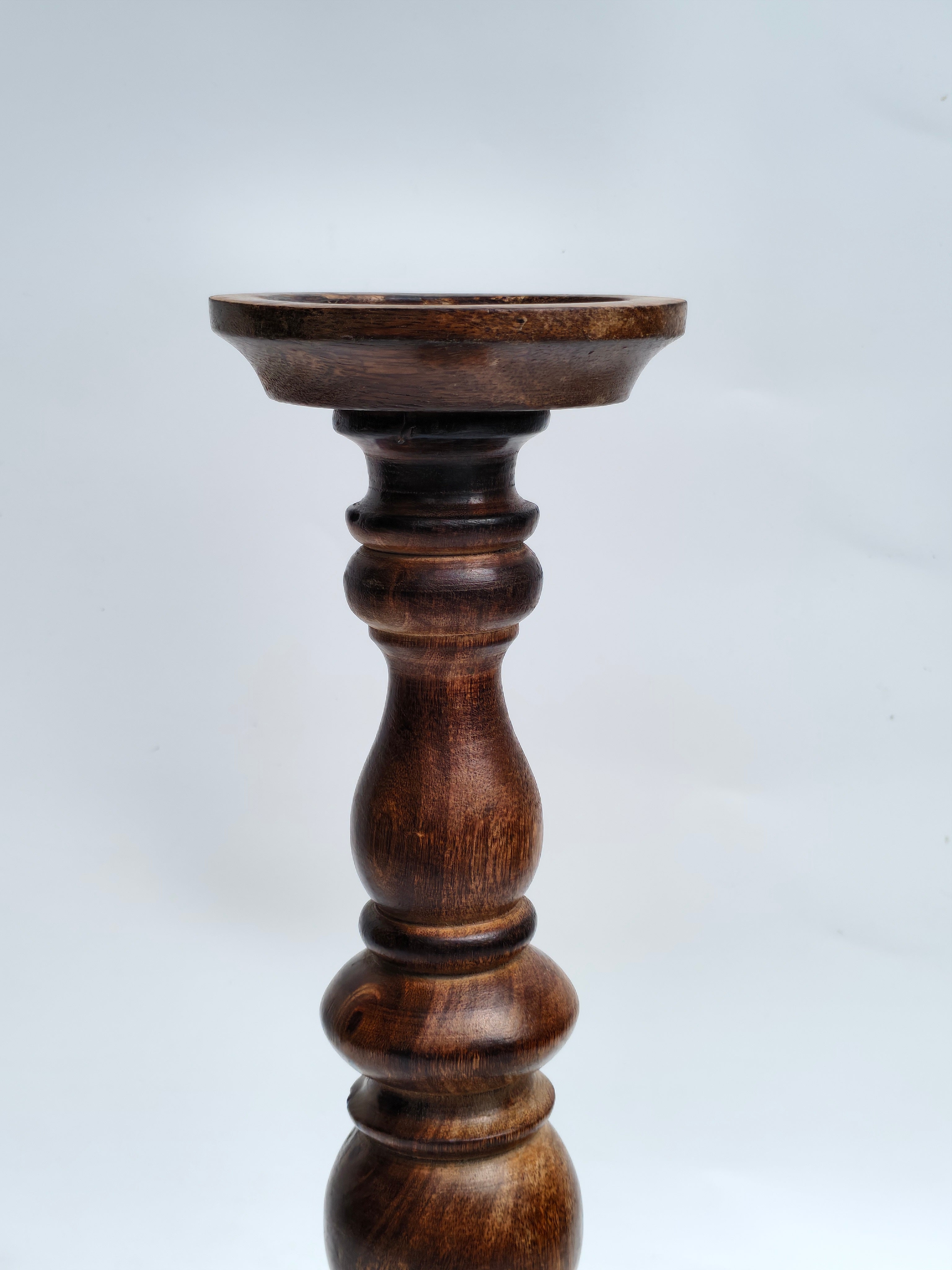 Classic Turned Wooden Pillar Candle Stand – 40cm | Rich Walnut Finish