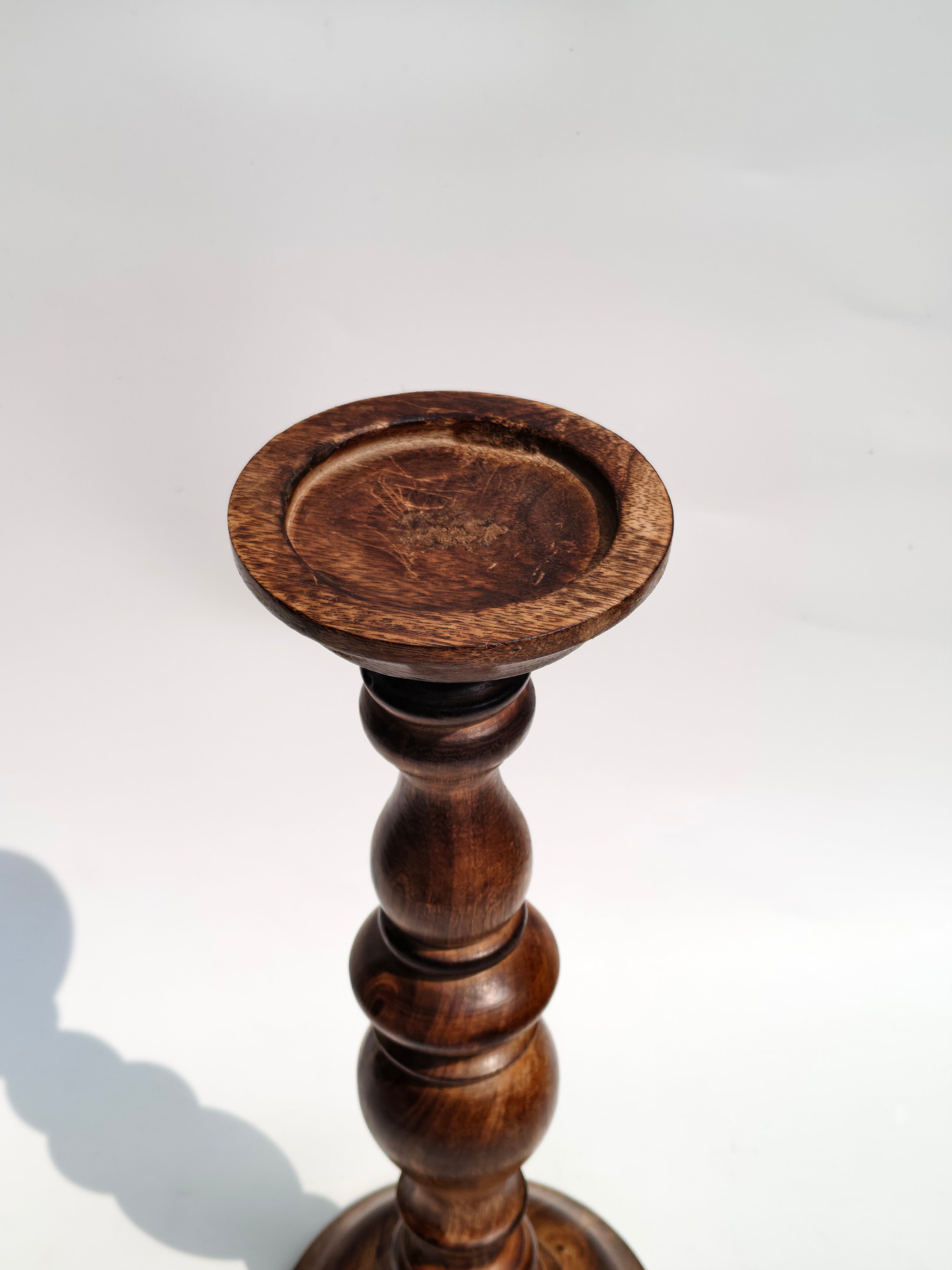Classic Turned Wooden Pillar Candle Stand – 40cm | Rich Walnut Finish