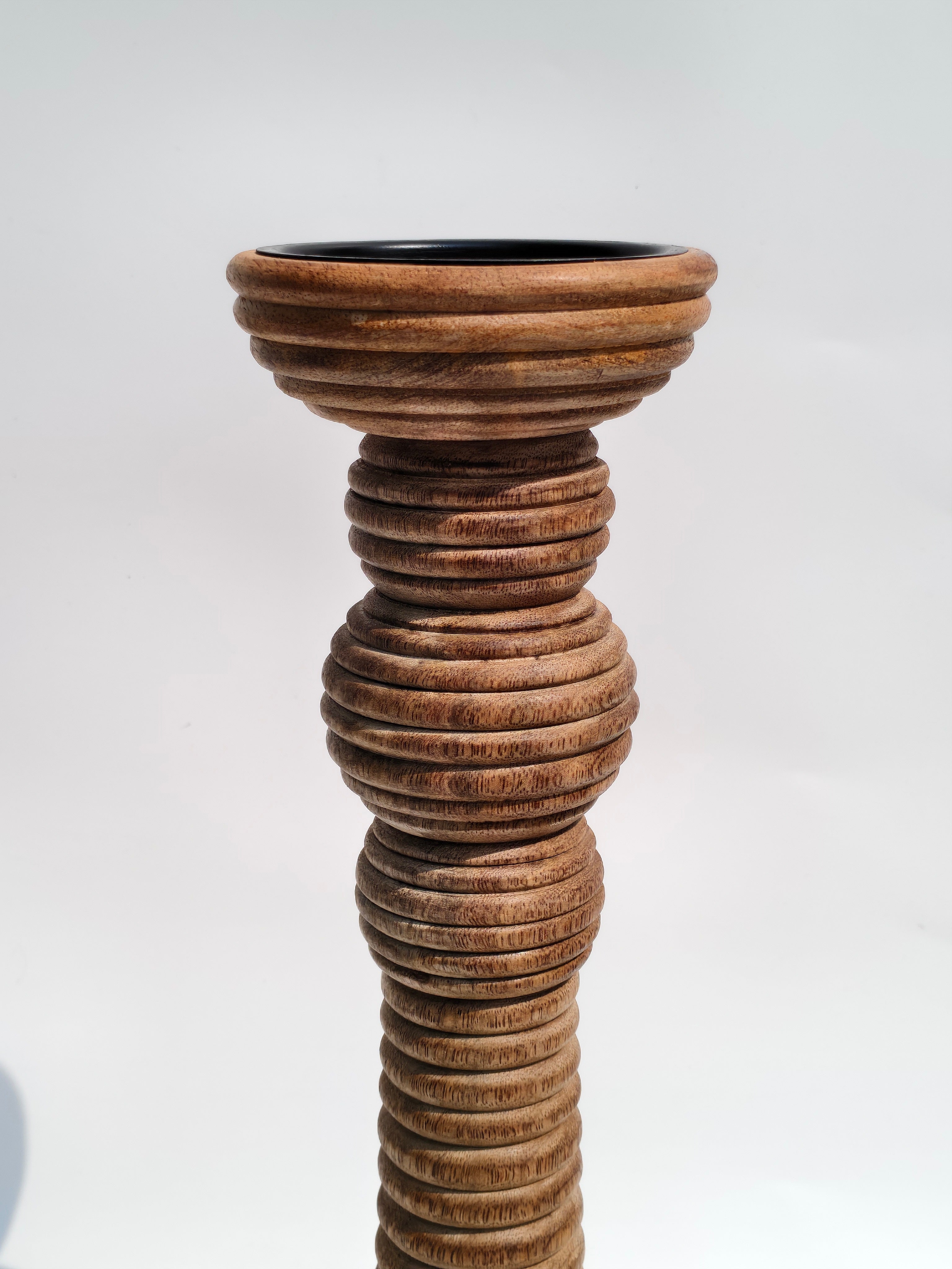 Textured Ringed Wooden Candle Holder – Handcrafted Column Stand