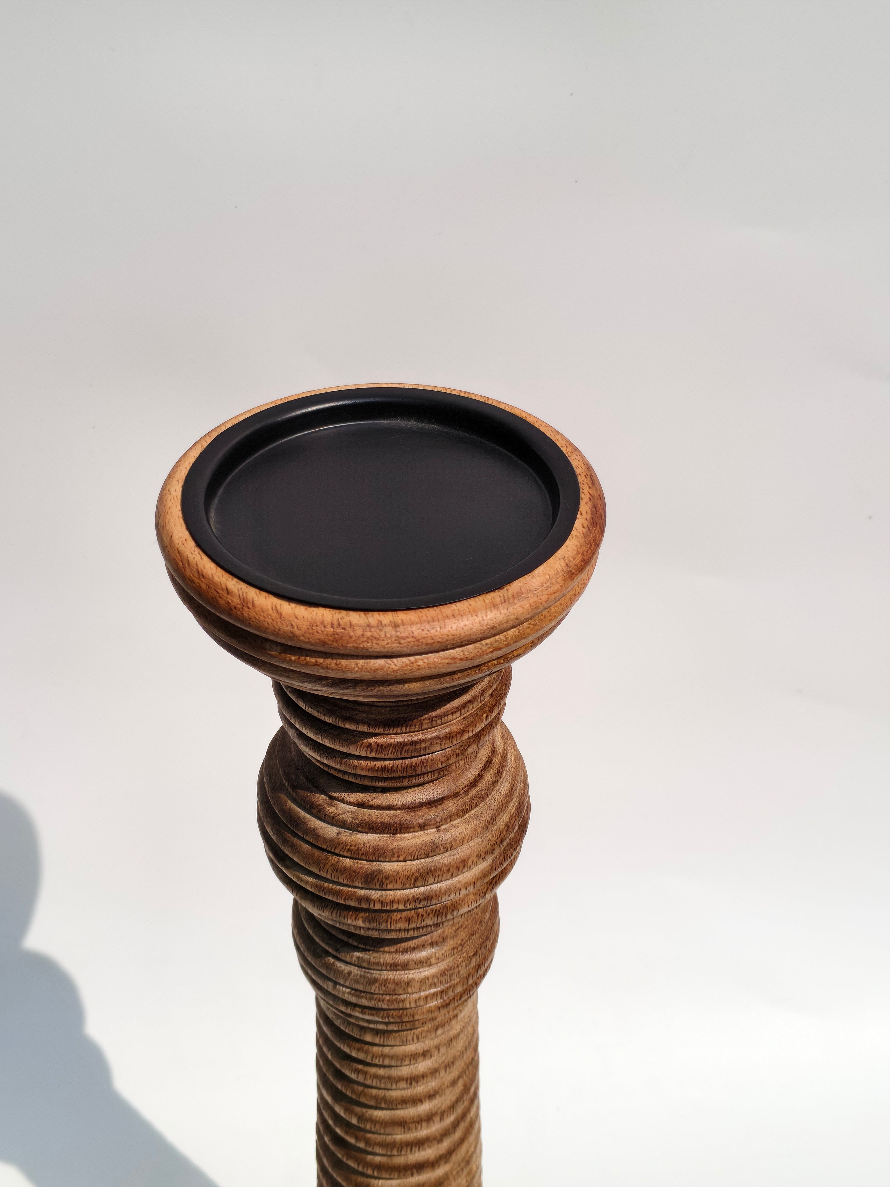 Textured Ringed Wooden Candle Holder – Handcrafted Column Stand