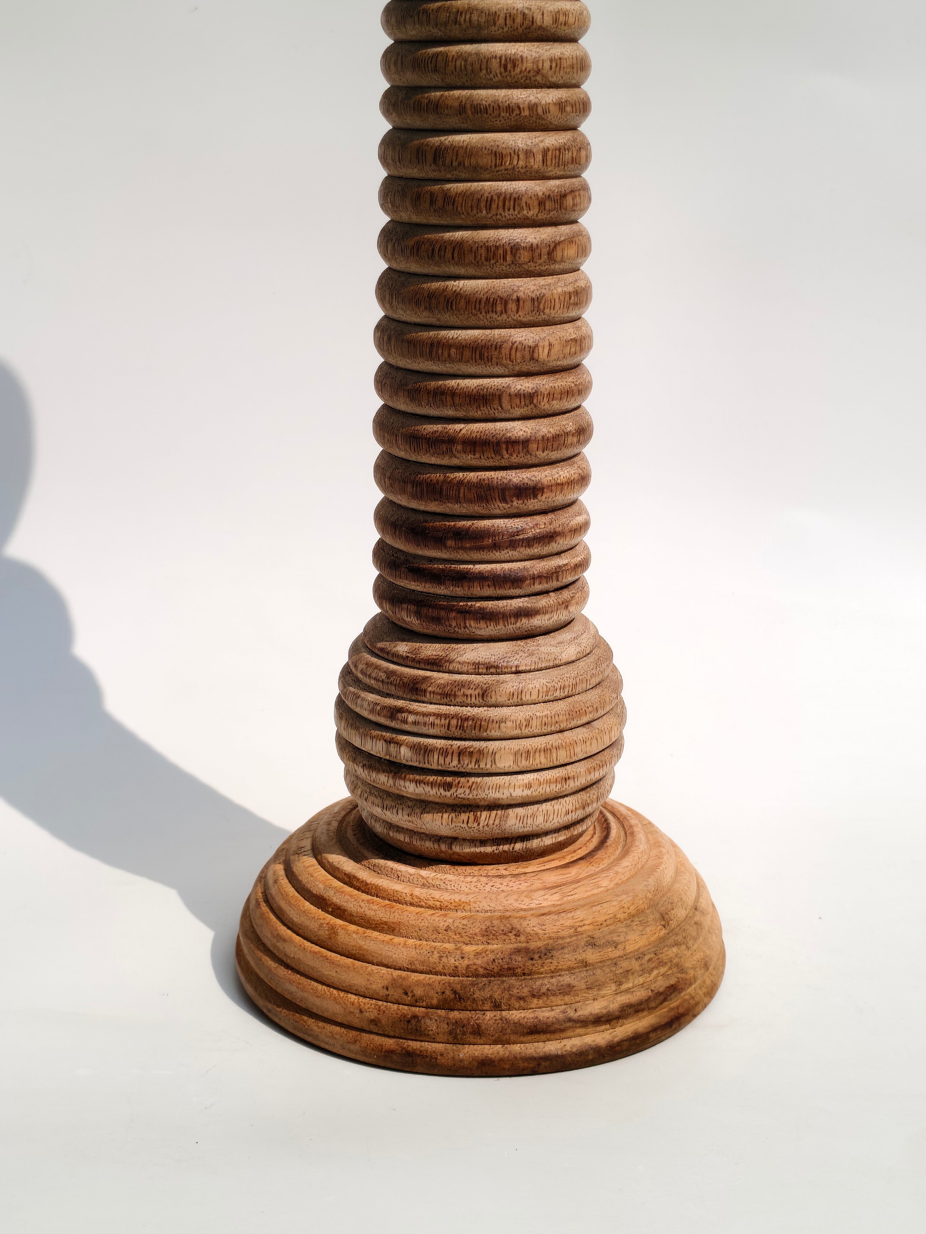 Textured Ringed Wooden Candle Holder – Handcrafted Column Stand
