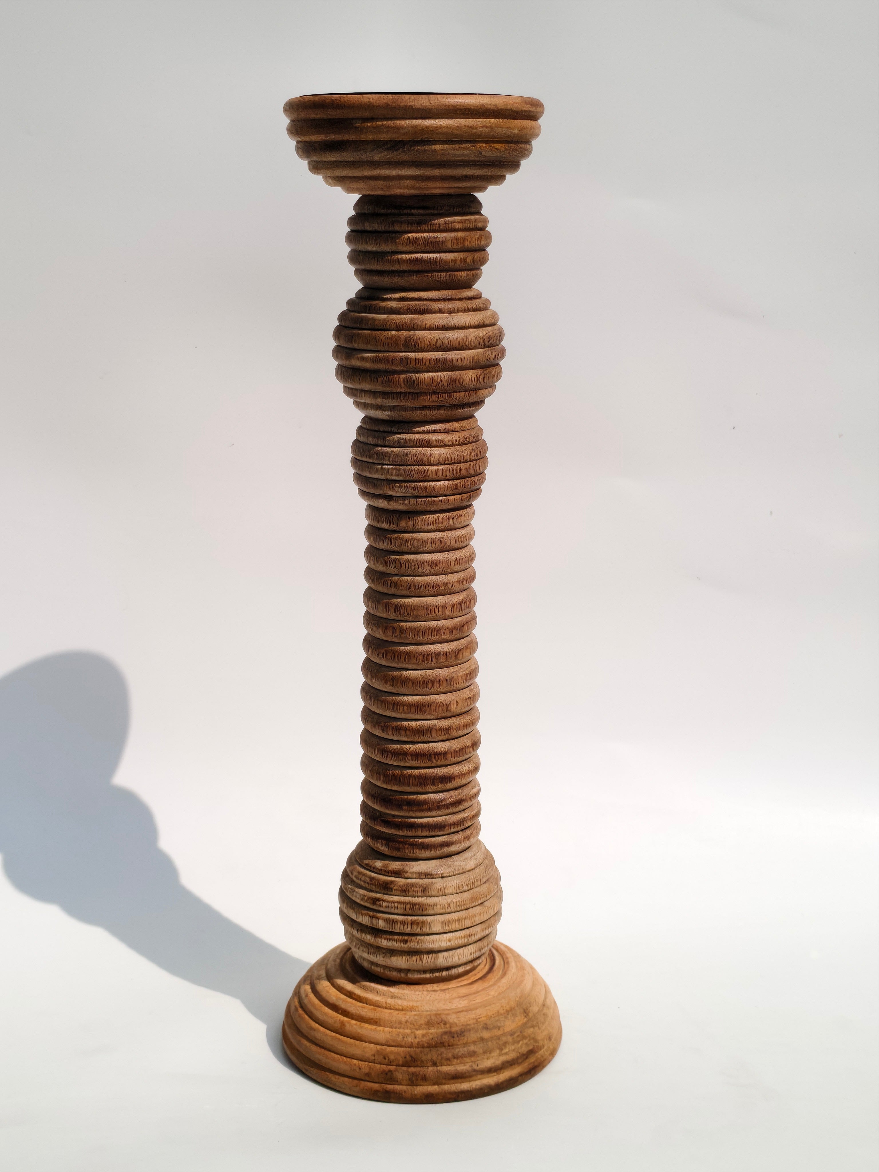 Textured Ringed Wooden Candle Holder – Handcrafted Column Stand
