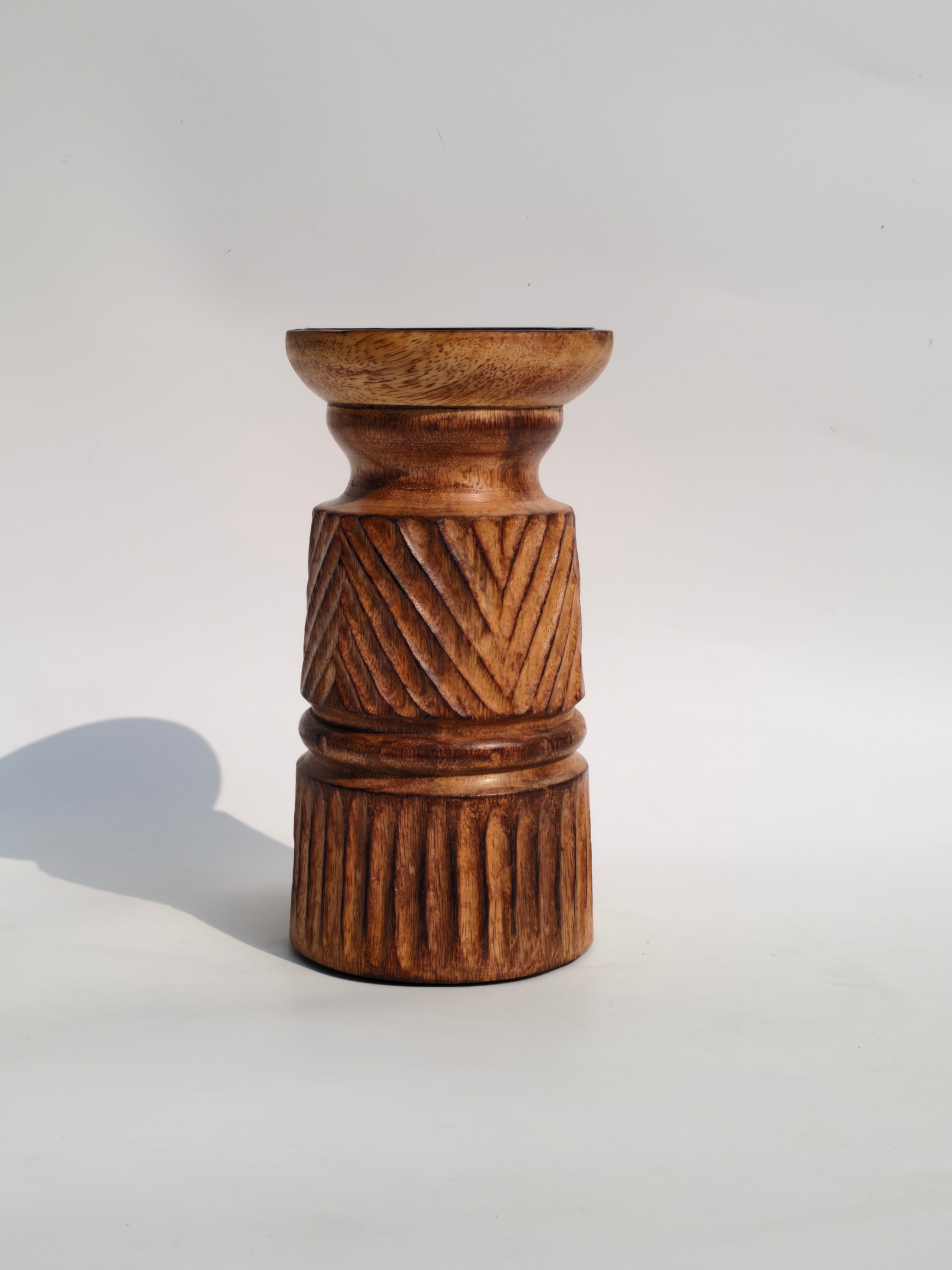 Carved Wooden Candle Holder – Compact Artisan Accent Stand
