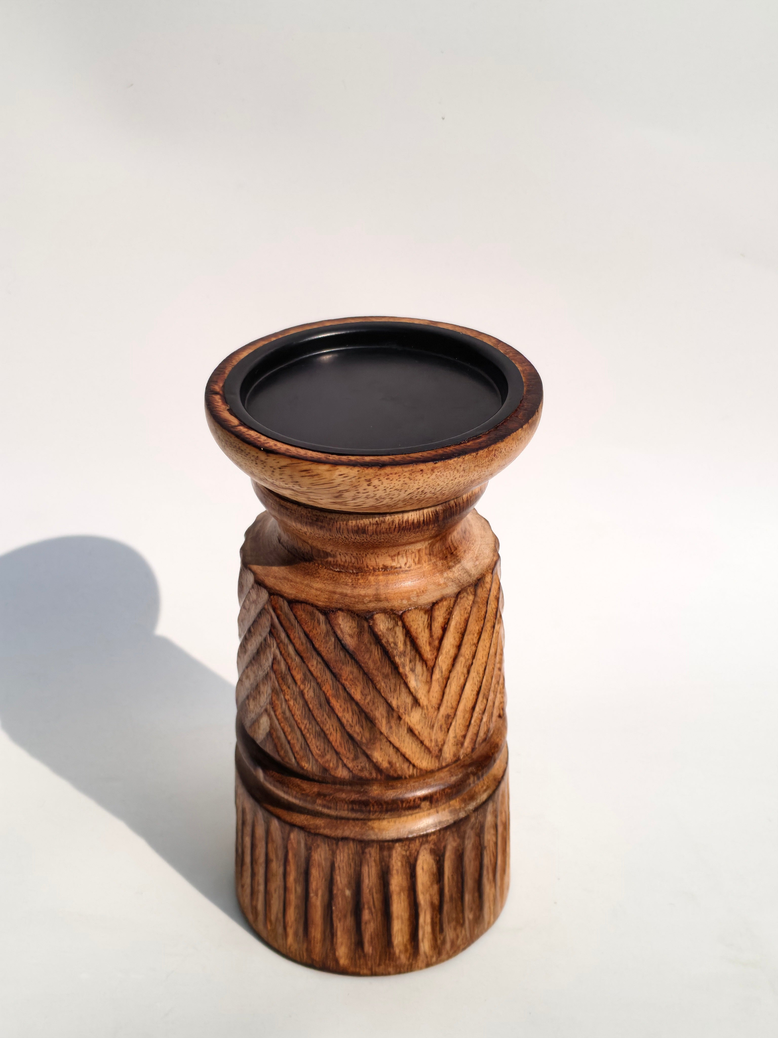 Carved Wooden Candle Holder – Compact Artisan Accent Stand