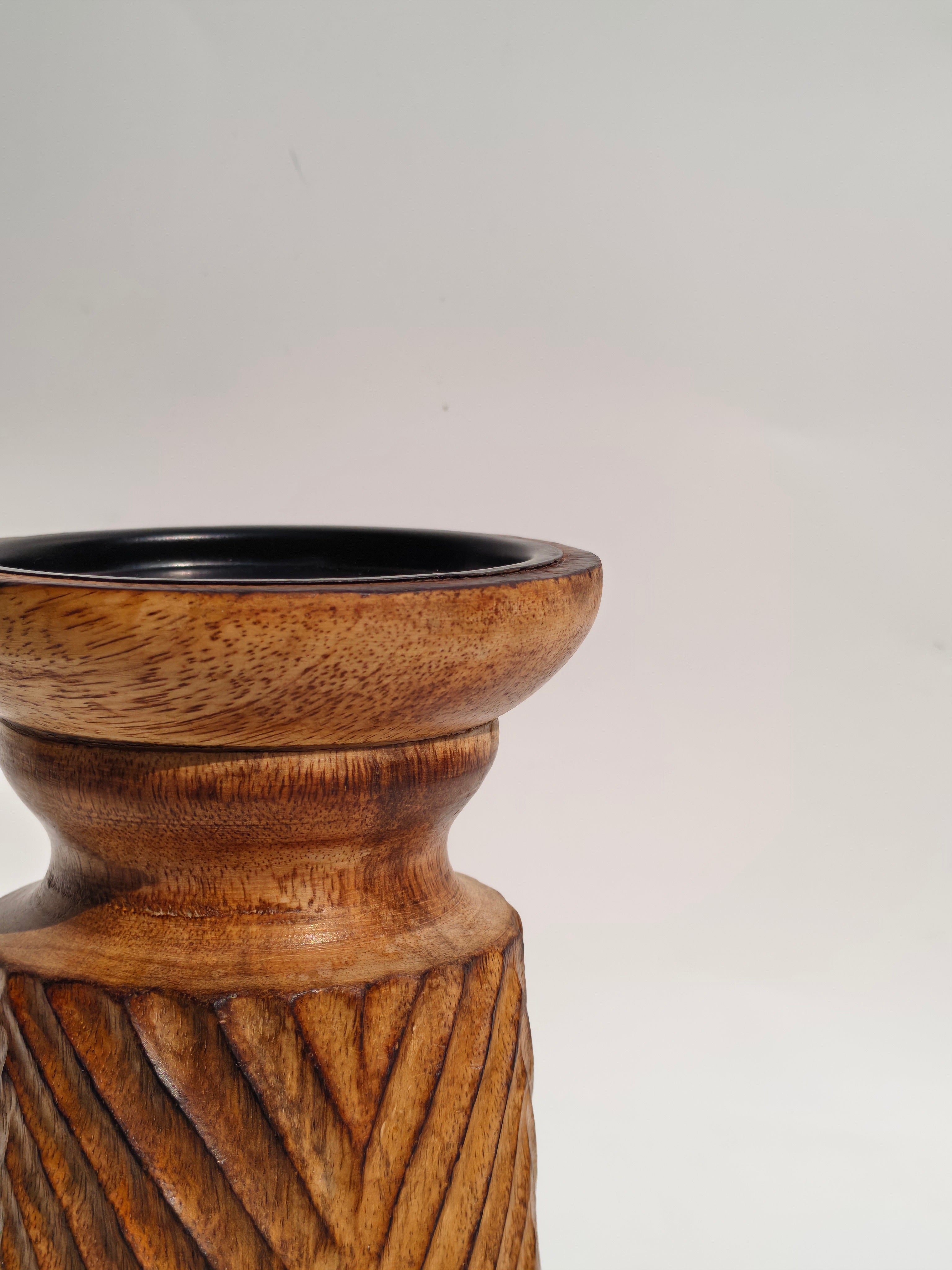 Carved Wooden Candle Holder – Compact Artisan Accent Stand