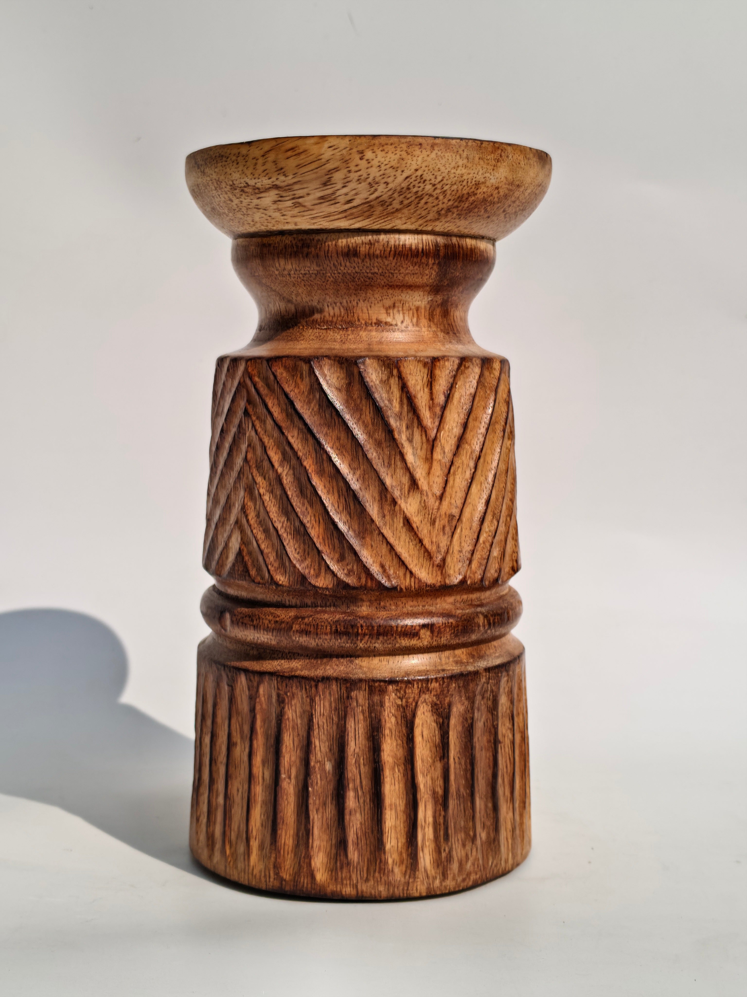 Carved Wooden Candle Holder – Compact Artisan Accent Stand